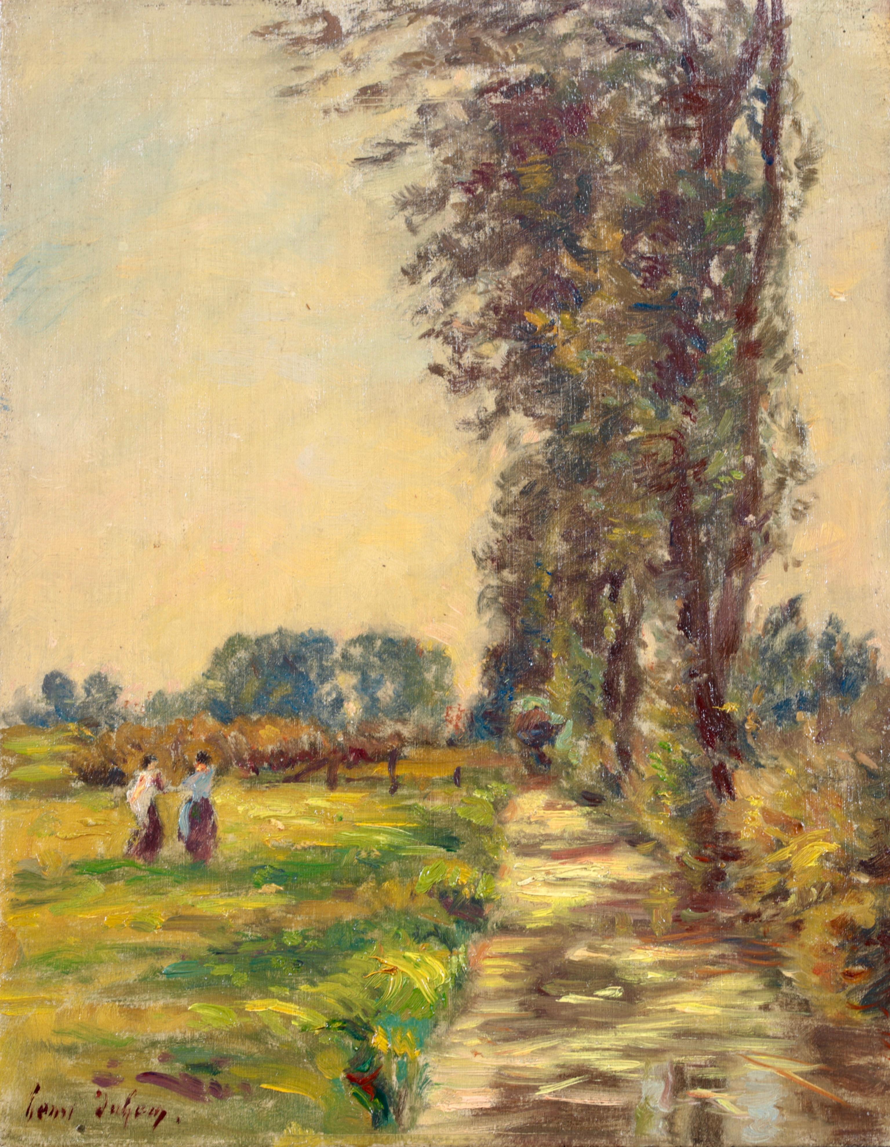 Signiert und datiert Öl auf Platte Landschaft von Französisch impressionistischen Maler Henri Duhem. Das Werk zeigt zwei Frauen, die in einer Sommerlandschaft auf einer grünen Grasbank an einem Bach spazieren gehen.

Unterschrift:
Verso signiert