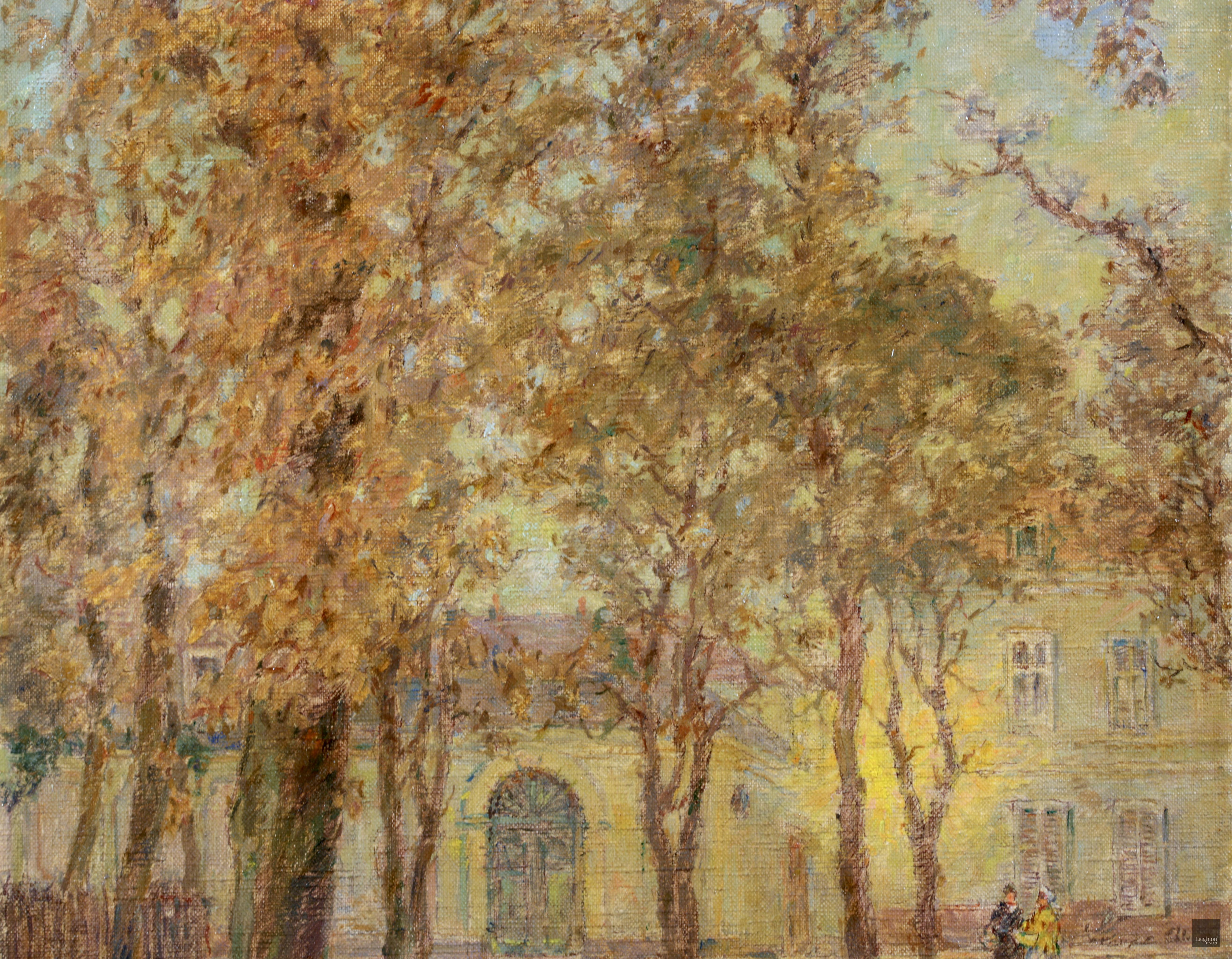 Signed and titled impressionist landscape oil on canvas circa 1910 by French painter Henri Duhem. The work depicts a view of Place Sainte-Ame, Douai in the north of France. It is autumn and the orange, yellow and brown leaves are scattered on the