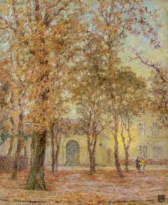 Antique Fin de jour, Automne - Impressionist Oil, Figures in Landscape by Henri Duhem