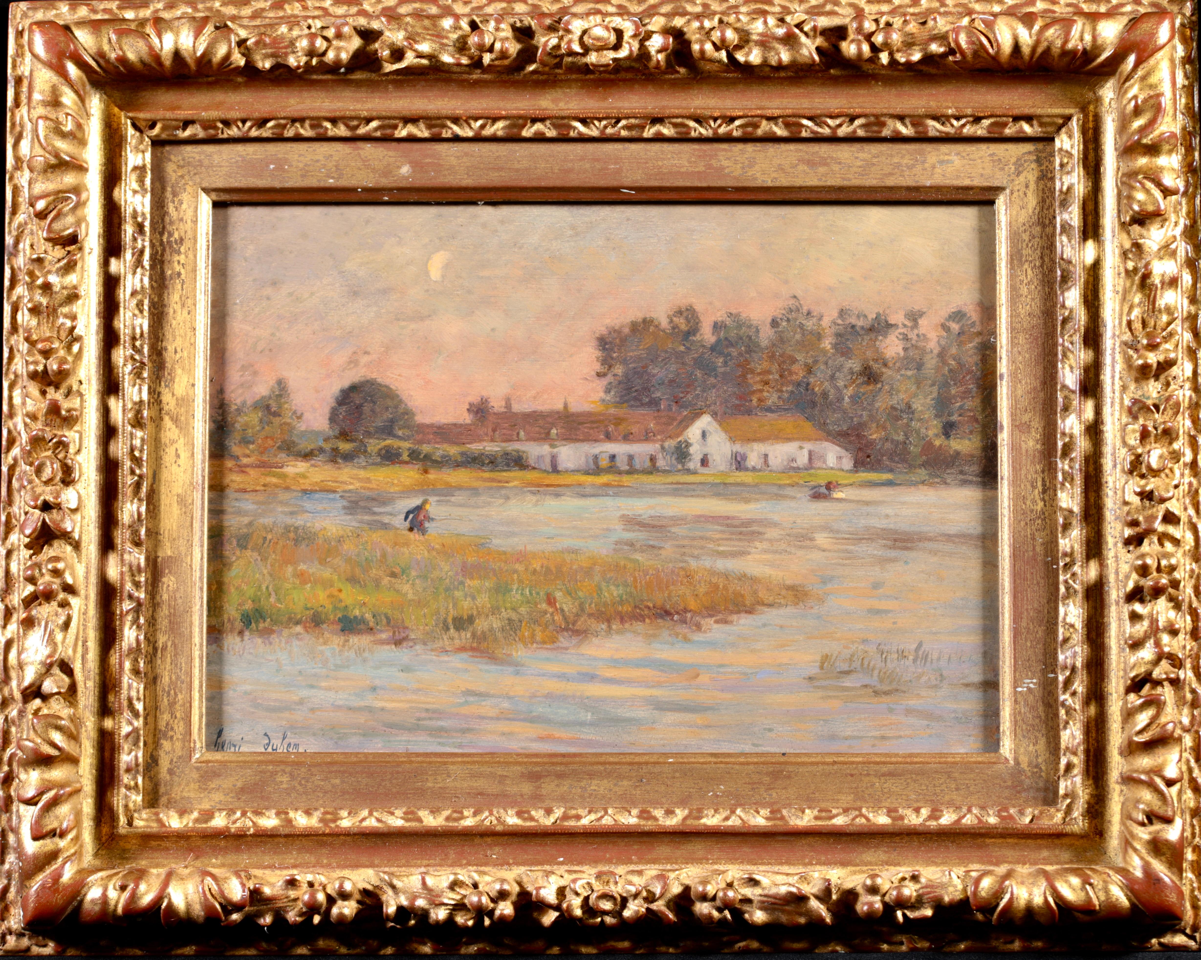 Signed and dated impressionist oil on panel figures in landscape by French painter Henri Duhem. The work depicts a man fishing in a river as the moon rises over a cottage in the background. 

Signature:
Signed lower left and dated 1911