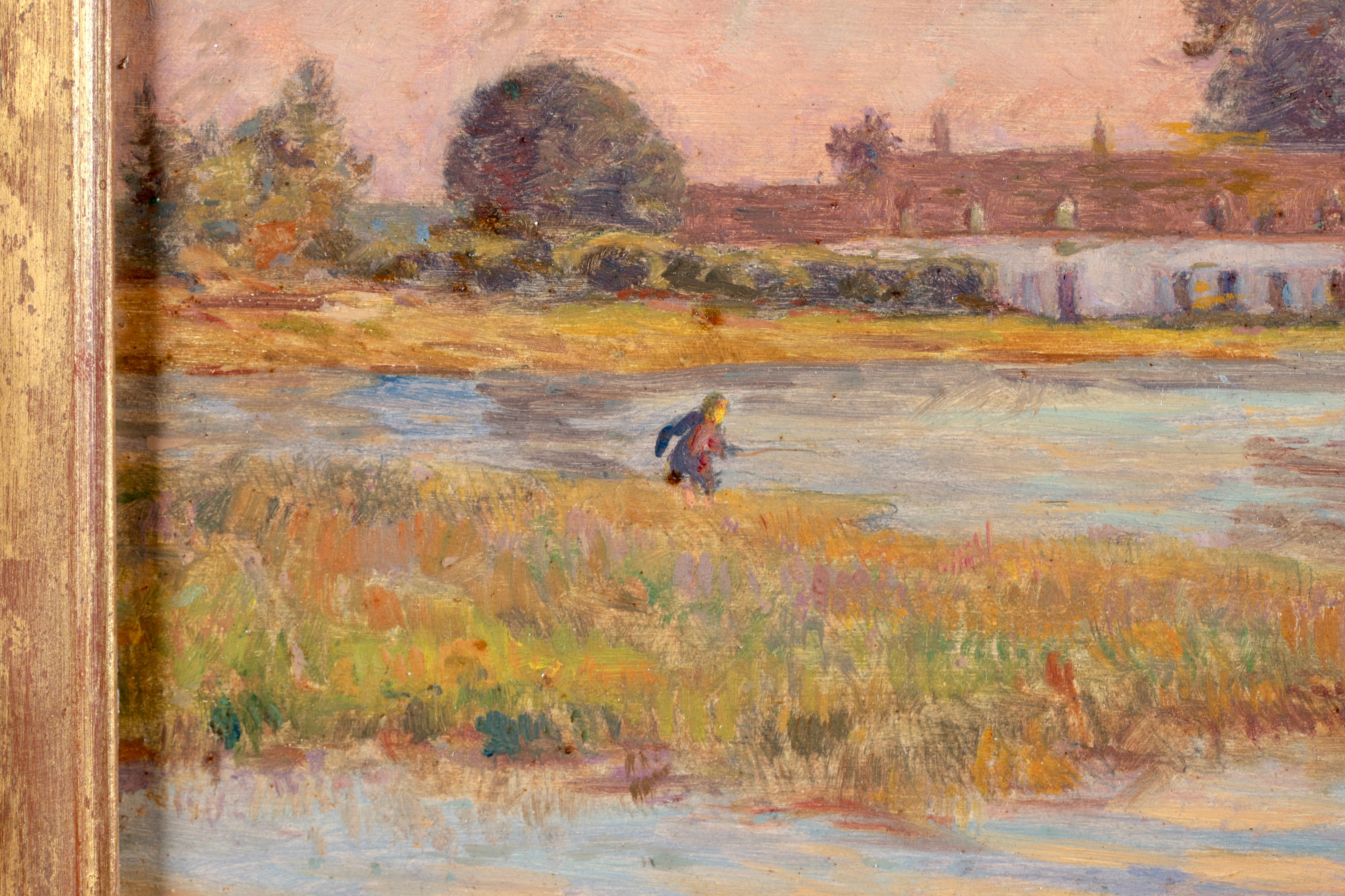 Peinture  la pche au coucher du soleil, huile impressionniste, figures dans un paysage d'Henri Duhem en vente 1