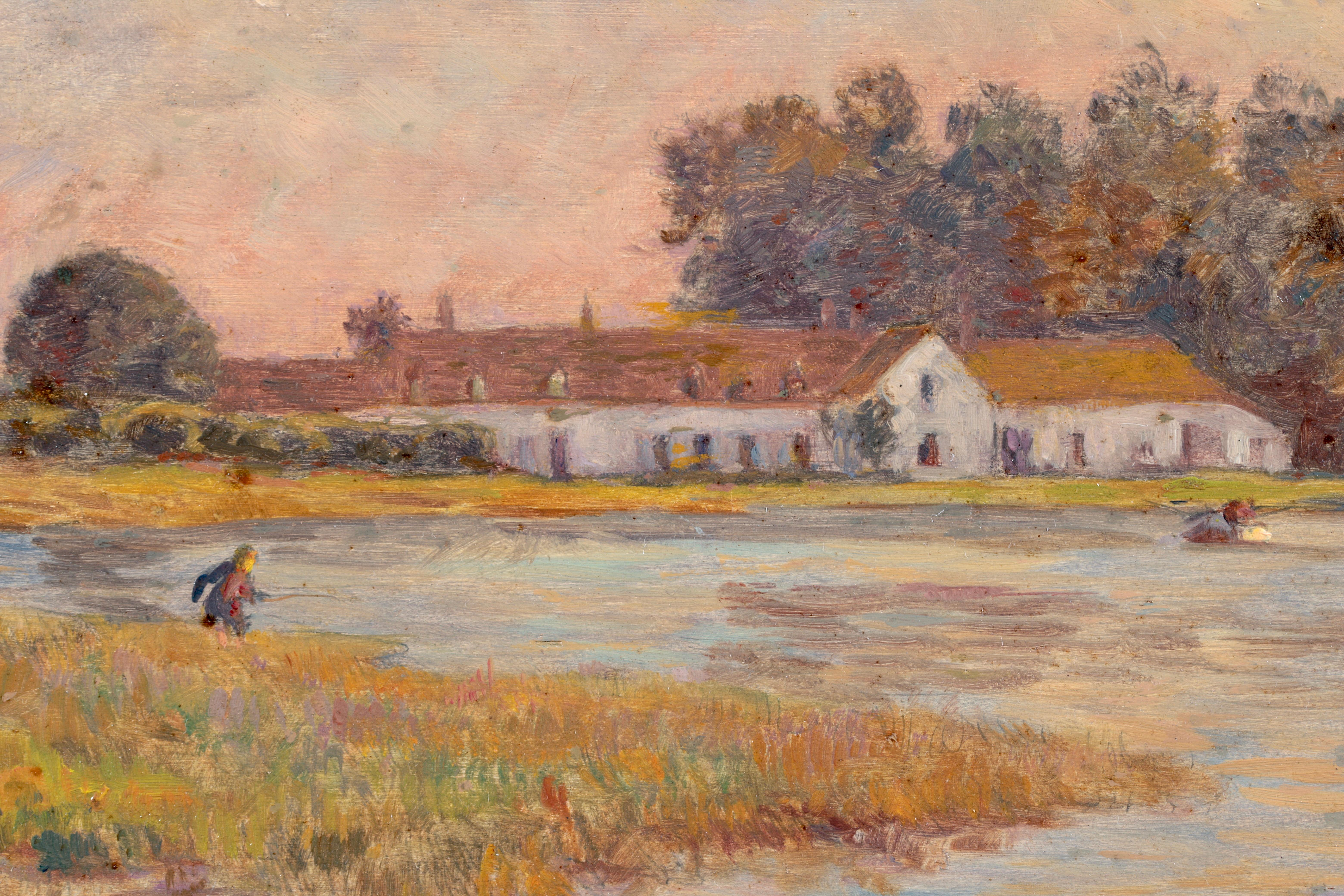 Peinture  la pche au coucher du soleil, huile impressionniste, figures dans un paysage d'Henri Duhem en vente 2