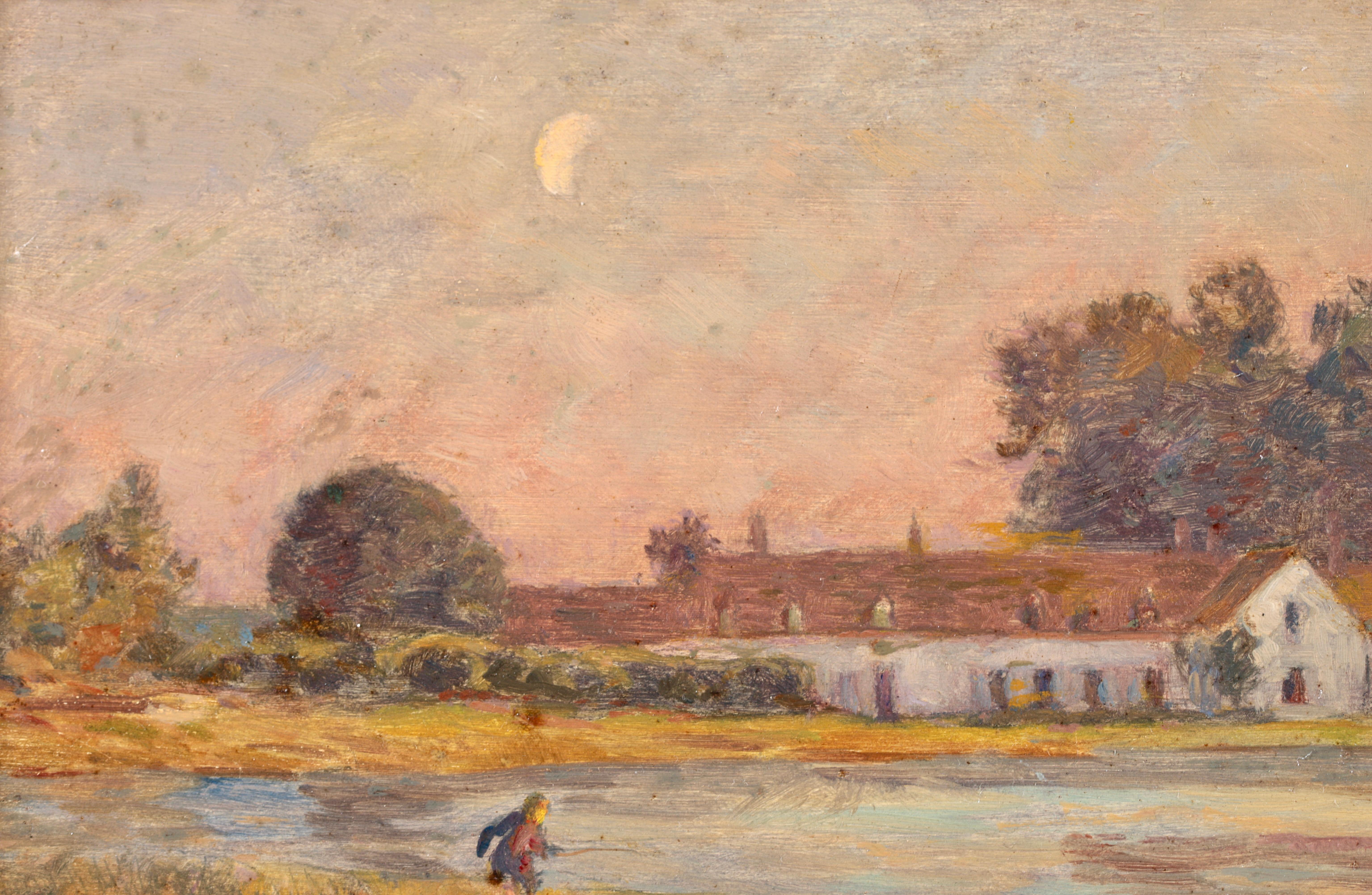 Peinture  la pche au coucher du soleil, huile impressionniste, figures dans un paysage d'Henri Duhem en vente 3