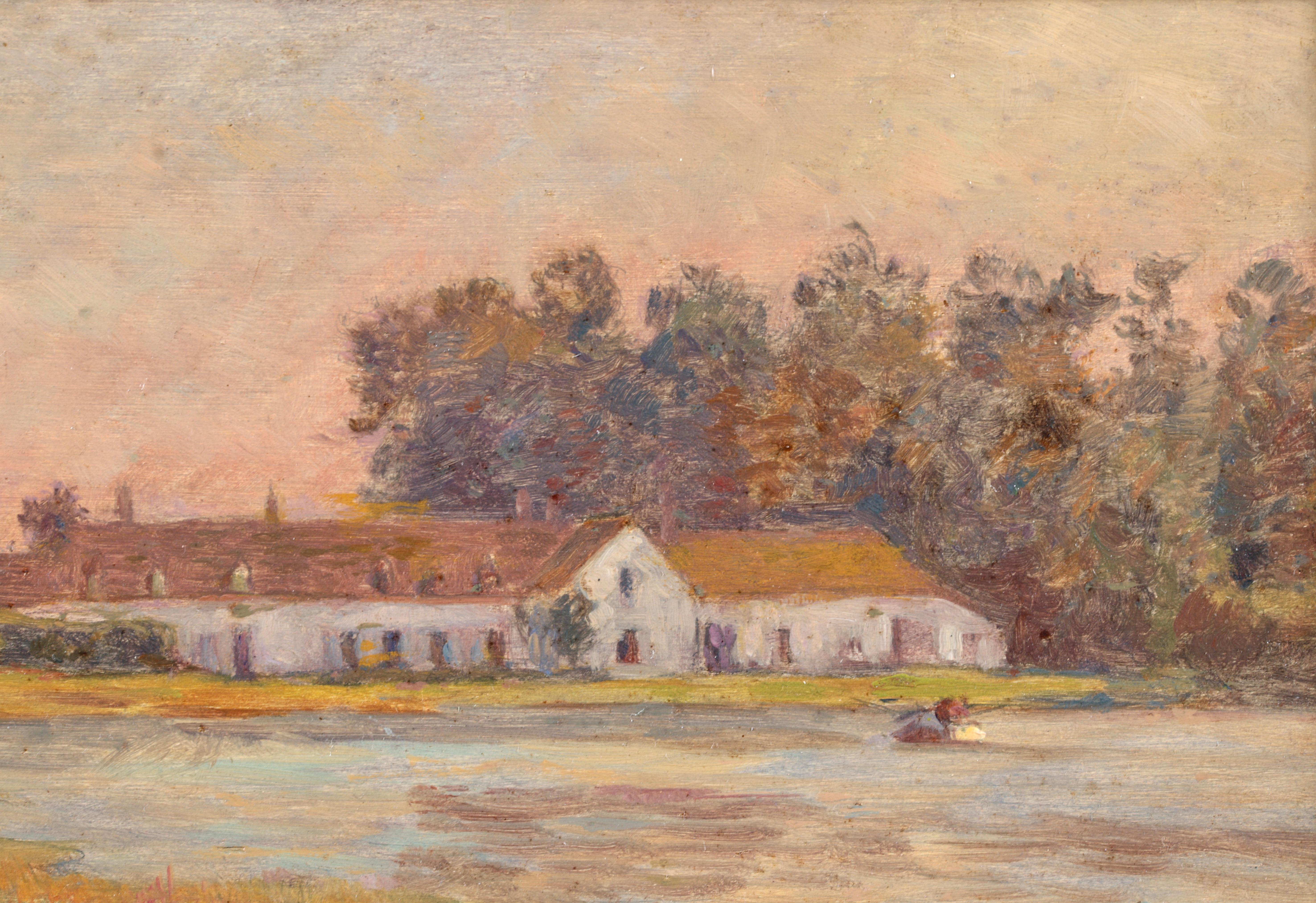 Peinture  la pche au coucher du soleil, huile impressionniste, figures dans un paysage d'Henri Duhem en vente 4