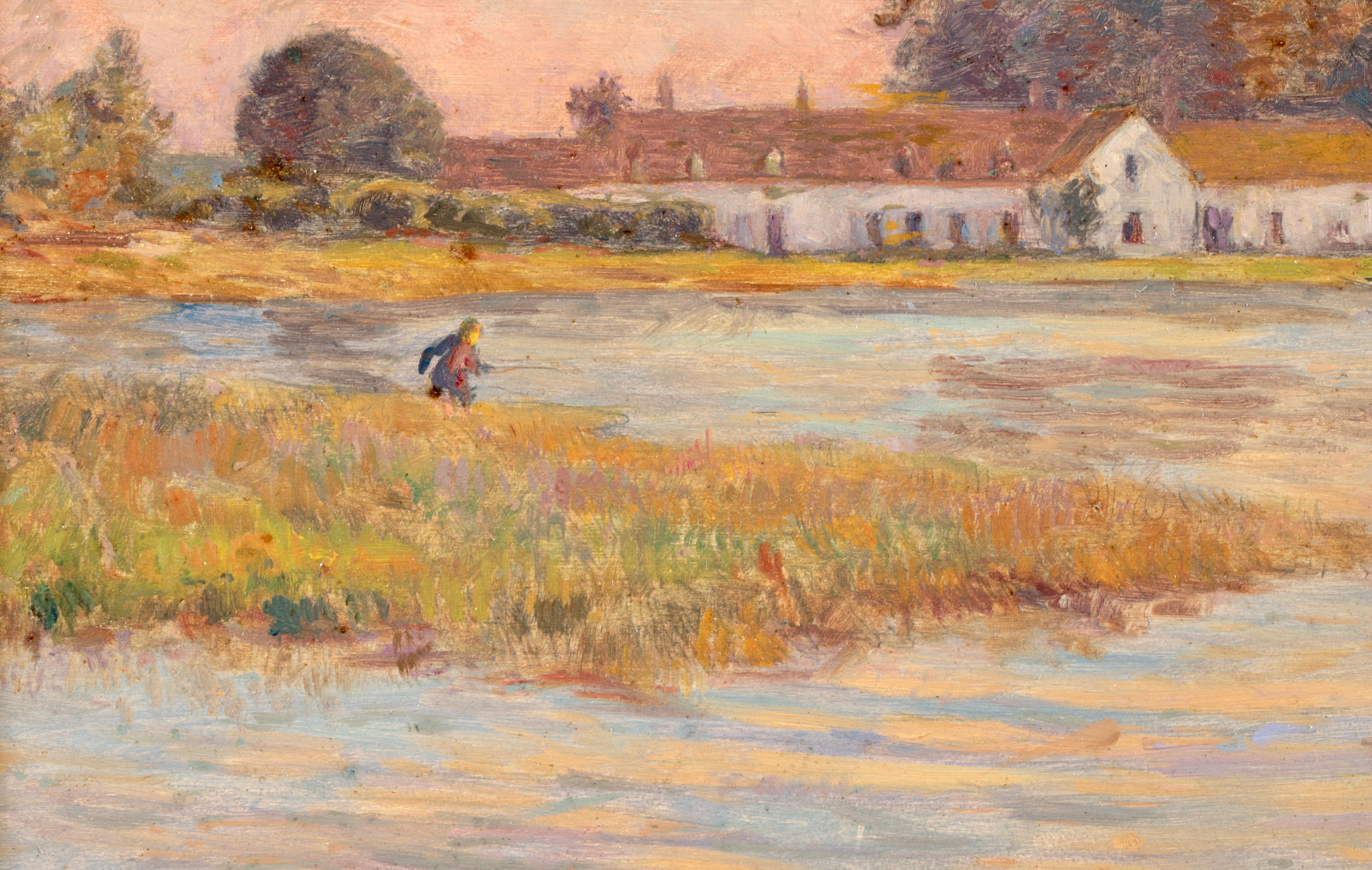 Peinture  la pche au coucher du soleil, huile impressionniste, figures dans un paysage d'Henri Duhem en vente 6