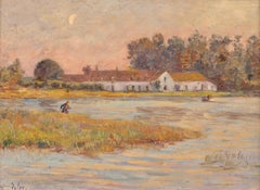Fishing at Sunset - Impressionist Oil, Figures in Landscape by Henri Duhem
