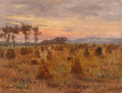 Harvesting - Impressionist Oil, Figure in Landscape at Sunset by Henri Duhem