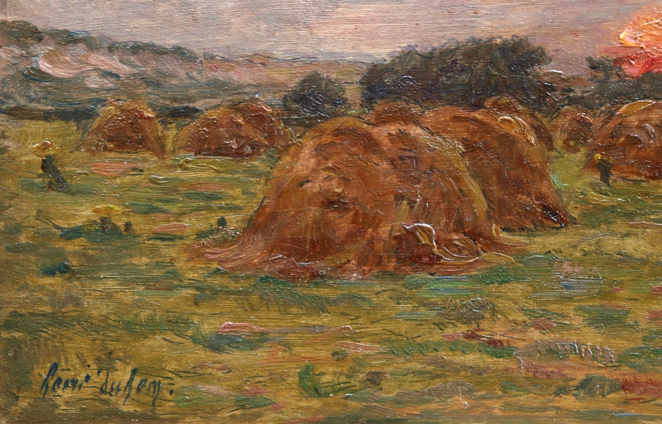 Haystacks at Sunset - 19th Century Oil, Sunset over Landscape by Henri Duhem 1