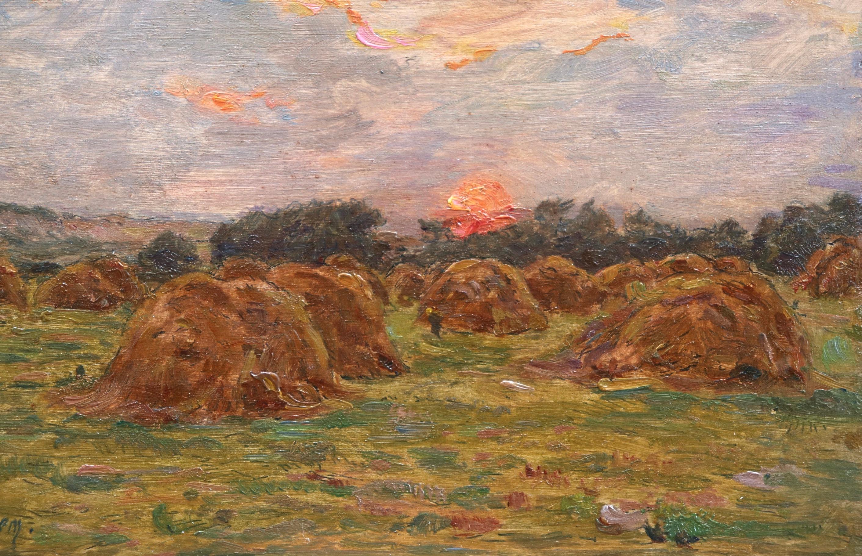 Haystacks at Sunset - 19th Century Oil, Sunset over Landscape by Henri Duhem 2