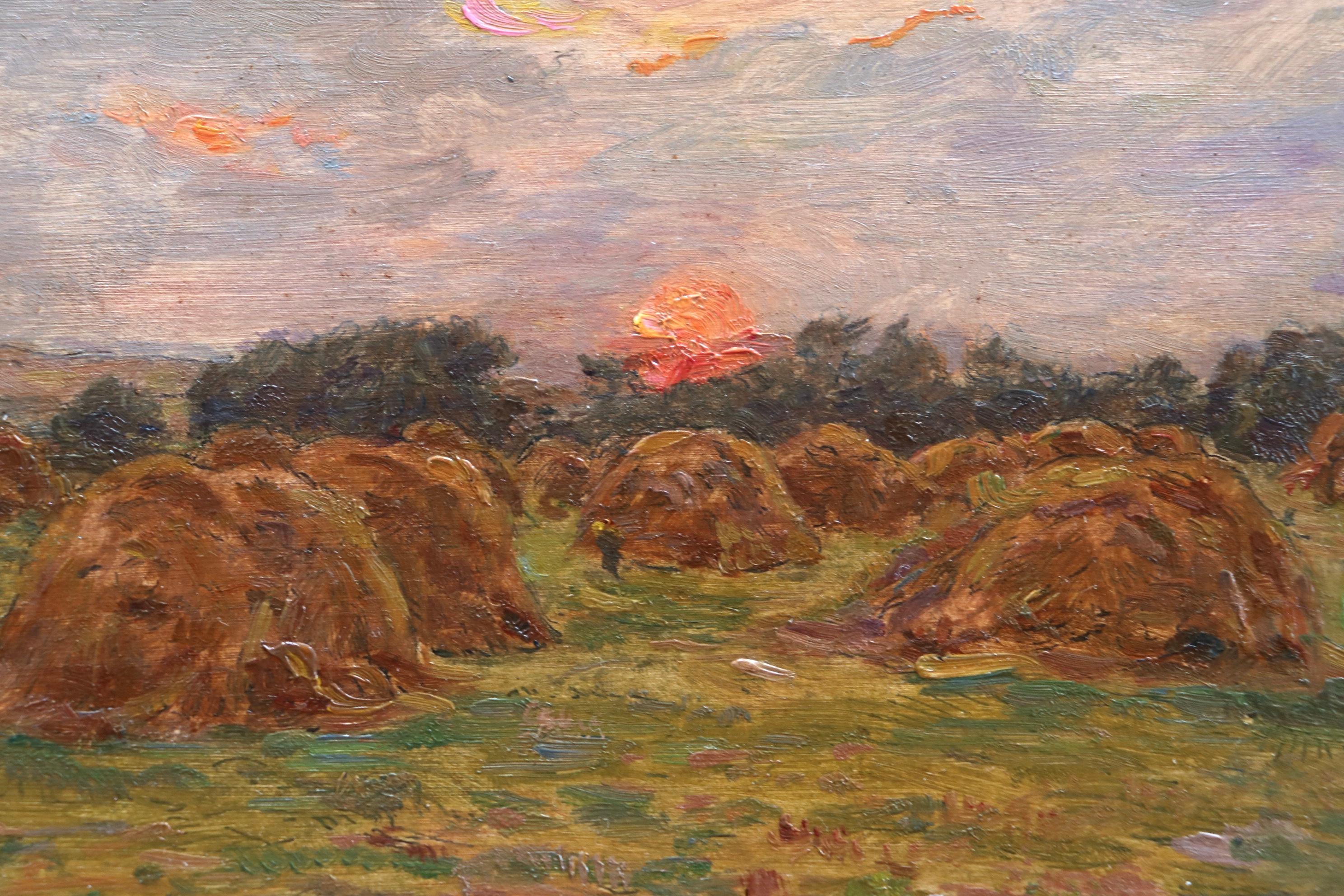 Haystacks at Sunset - 19th Century Oil, Sunset over Landscape by Henri Duhem 3