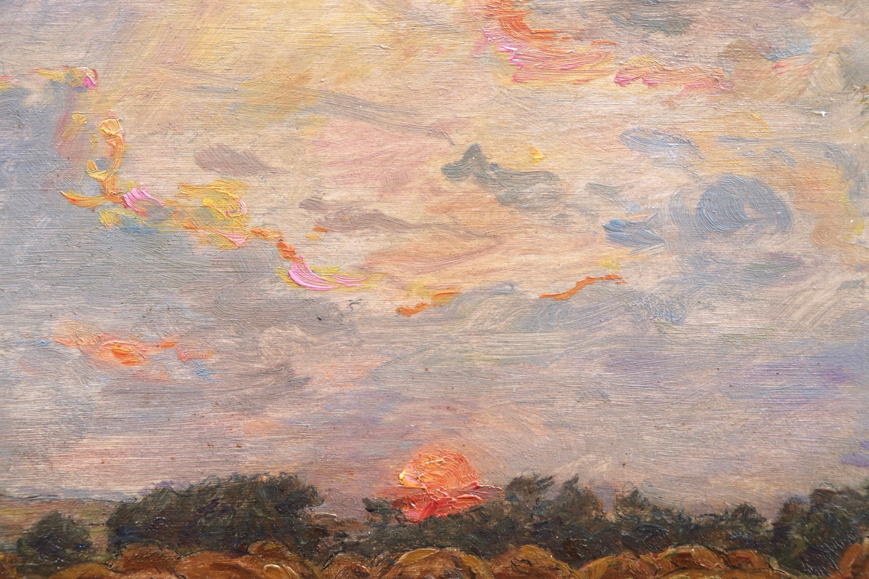 Haystacks at Sunset - 19th Century Oil, Sunset over Landscape by Henri Duhem 4