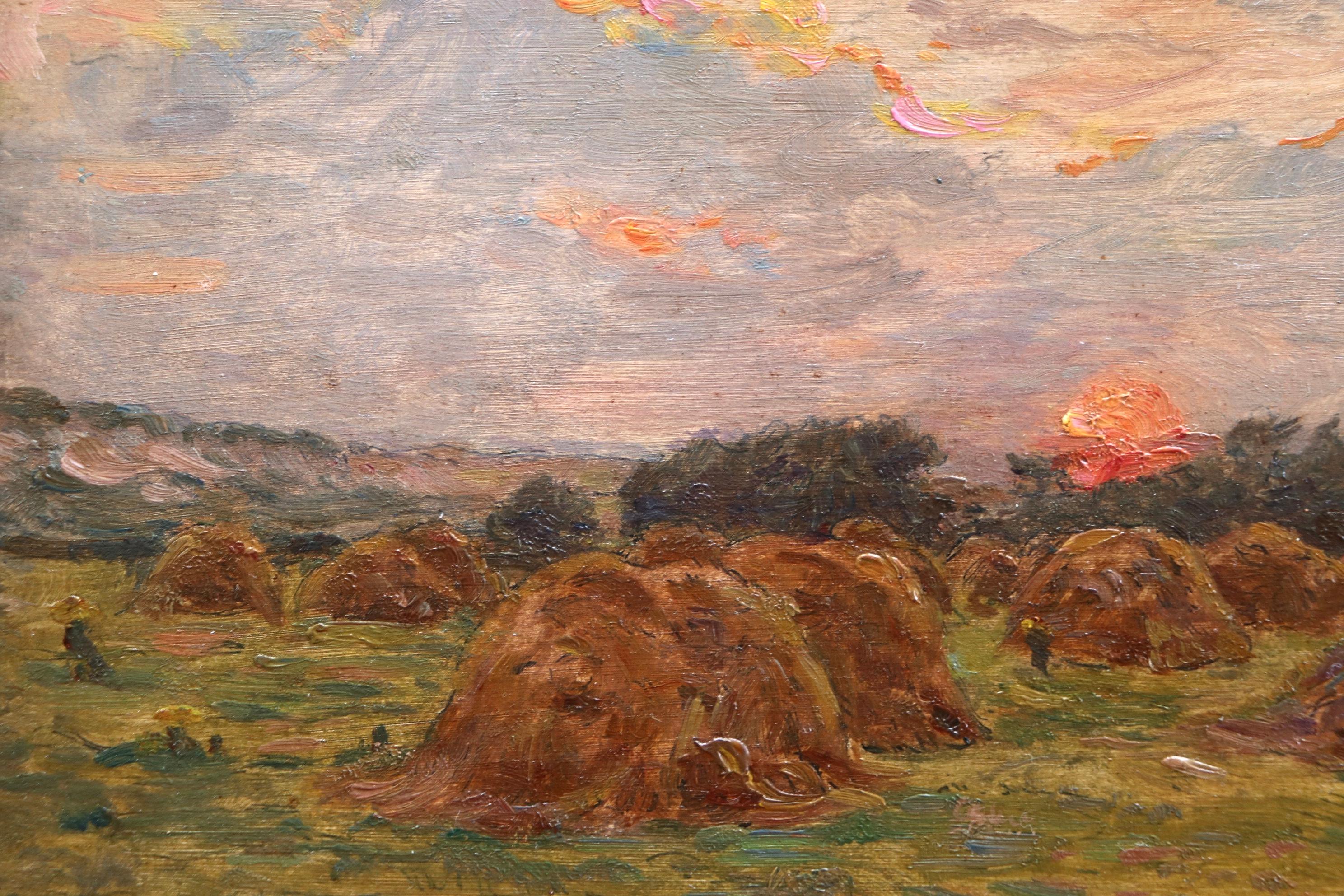Haystacks at Sunset - 19th Century Oil, Sunset over Landscape by Henri Duhem 5
