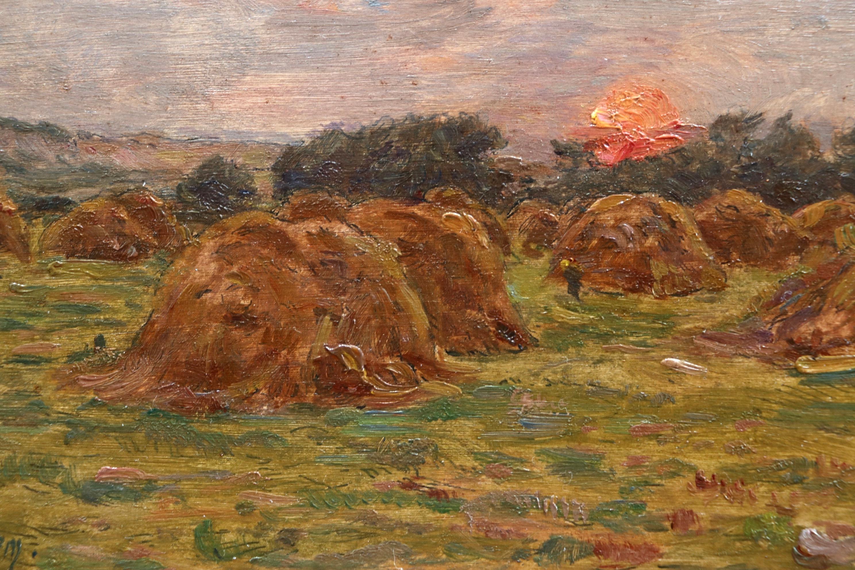 Haystacks at Sunset - 19th Century Oil, Sunset over Landscape by Henri Duhem 6
