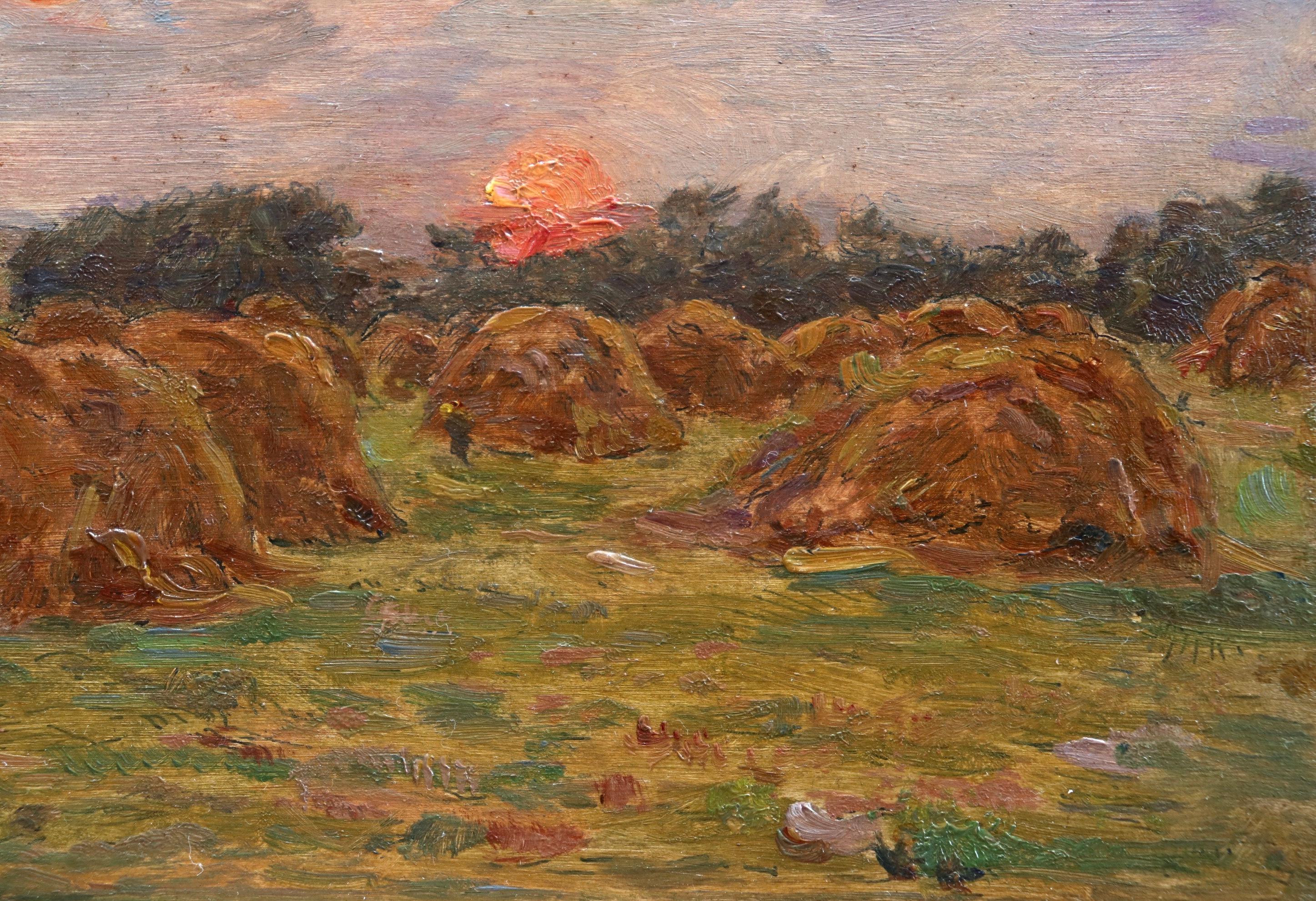 Haystacks at Sunset - 19th Century Oil, Sunset over Landscape by Henri Duhem 7