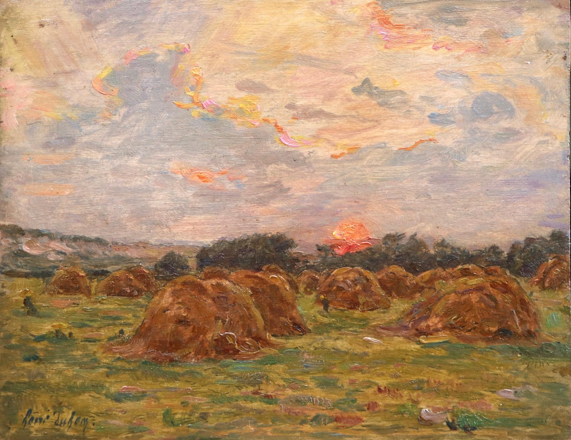 Oil on panel by French Impressionist painter Henri Duhem. A colourful and wonderfully painted piece depicting haystacks in a field as the sunsets behind the trees. Signed lower left and dated 1909 verso. This painting is not currently framed but a