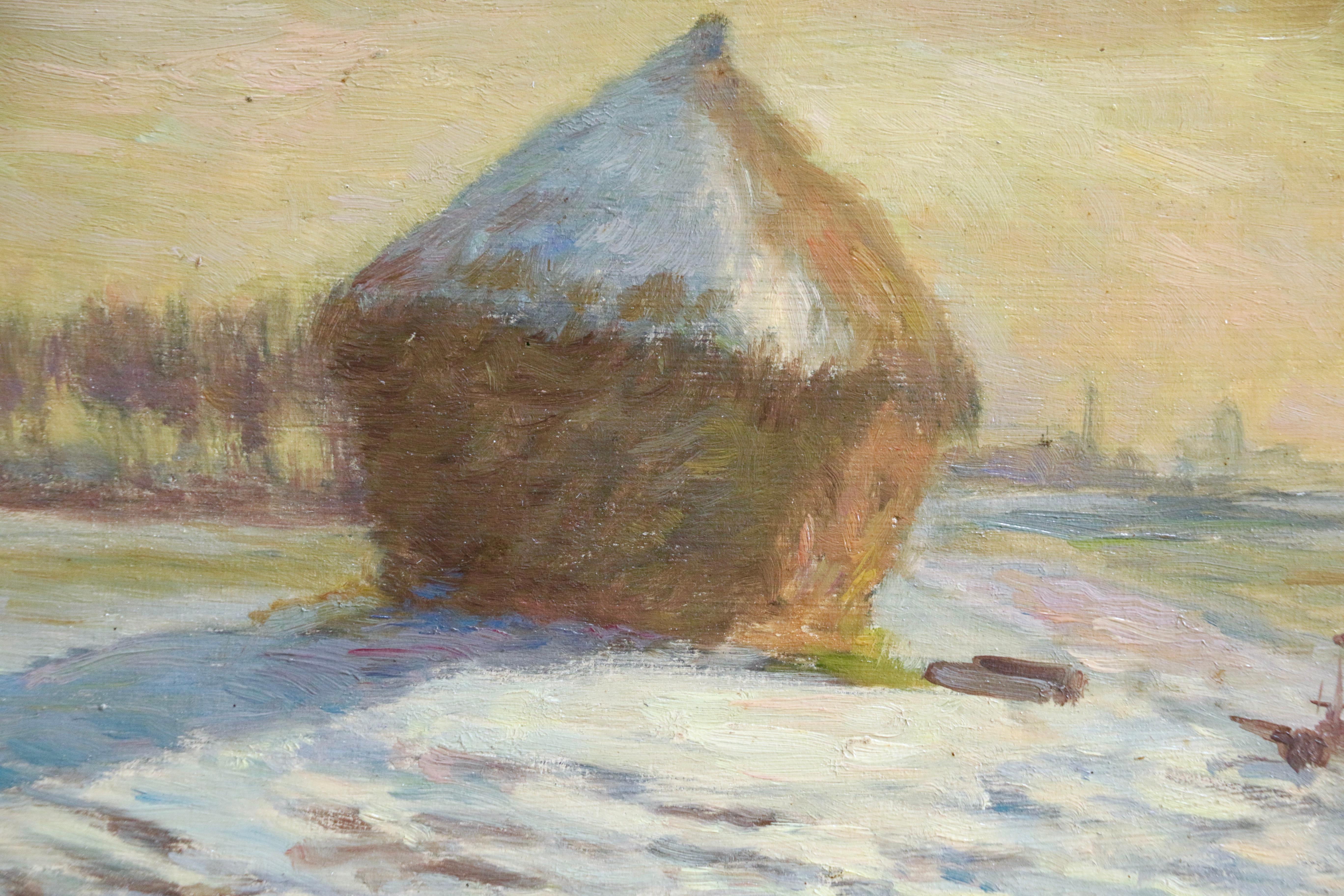 Haystacks - Snow - January 1902 - 19th Century Oil, Winter Landscape by H Duhem  - Painting by Henri Duhem