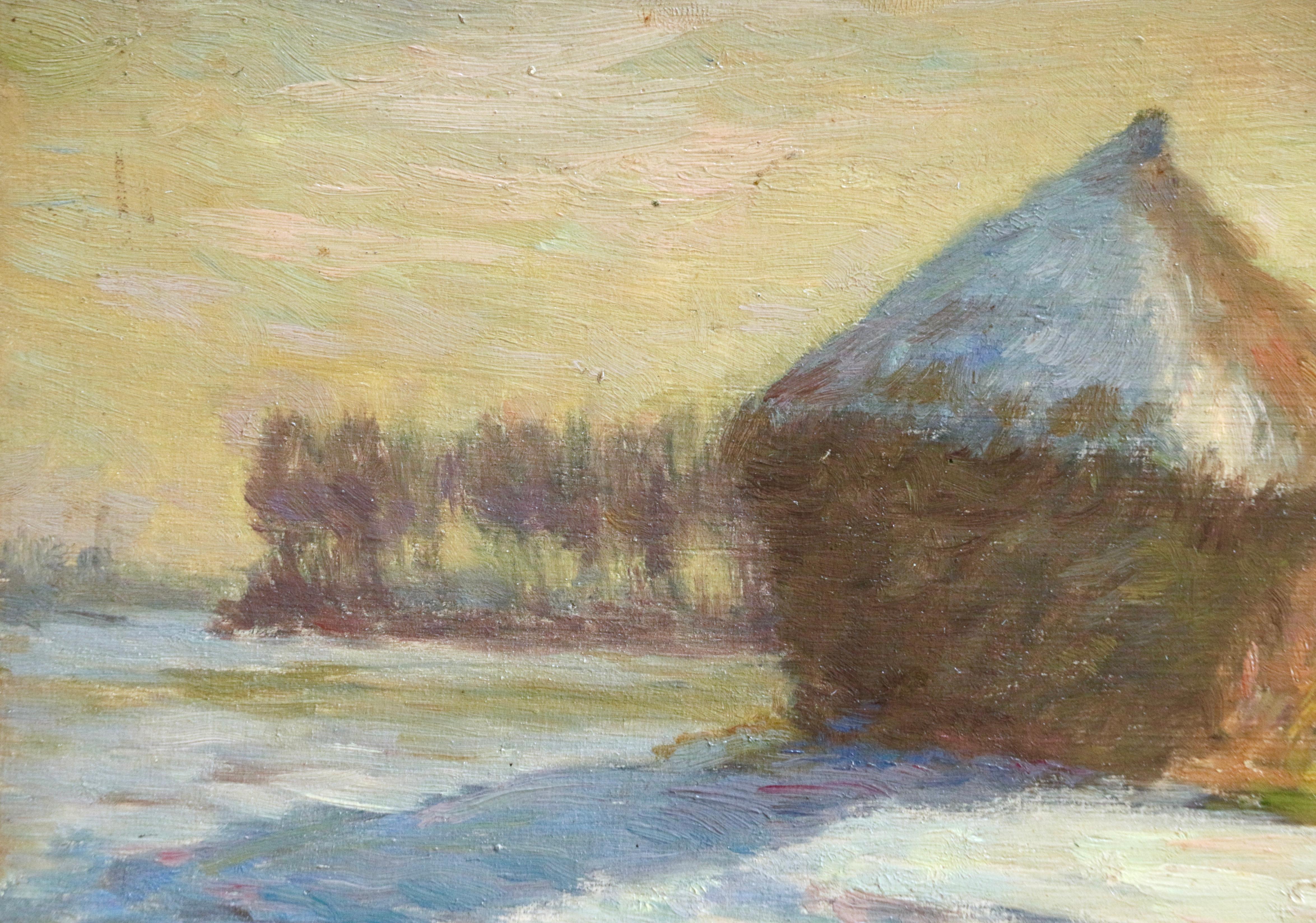 Haystacks - Snow - January 1902 - 19th Century Oil, Winter Landscape by H Duhem  - Brown Landscape Painting by Henri Duhem