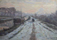 Hiver - Douai - 19th Century Oil, Figures by Canal in Snow Winter Scene by Duhem