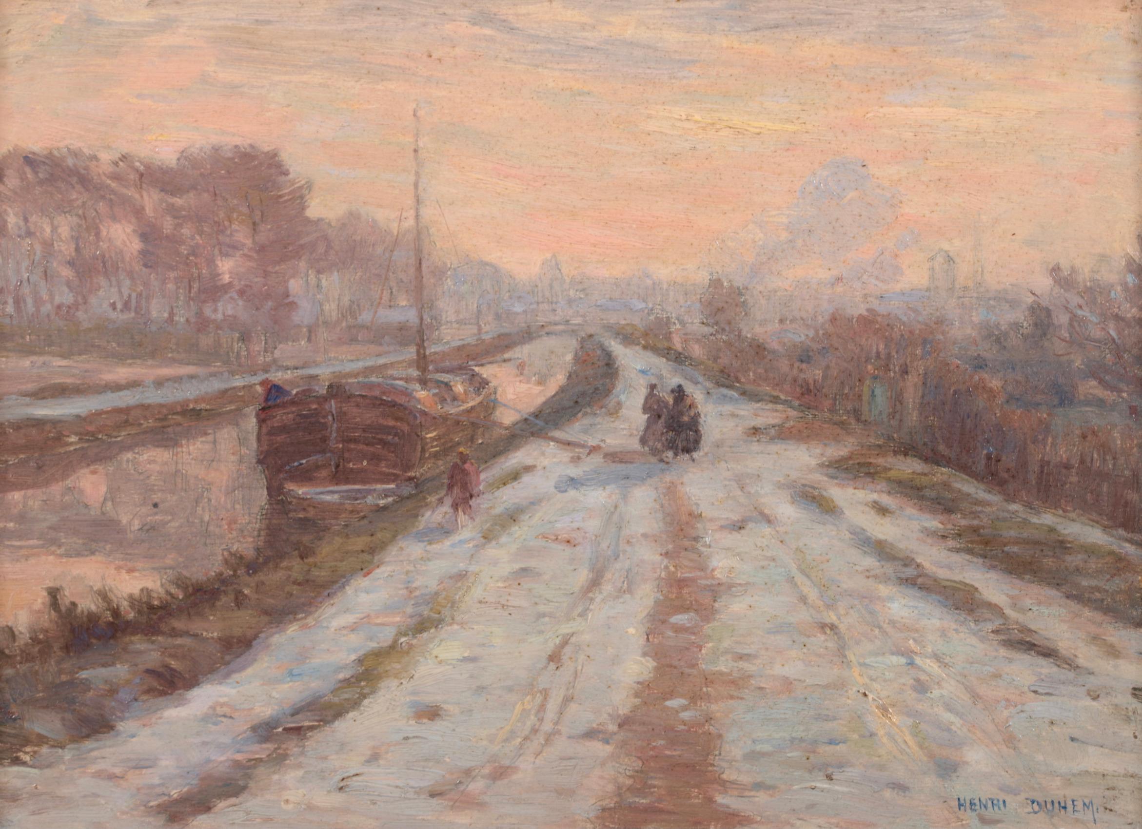 Winter on the Canal - Douai - Impressionist Landscape Oil Painting - Henri Duhem For Sale 1