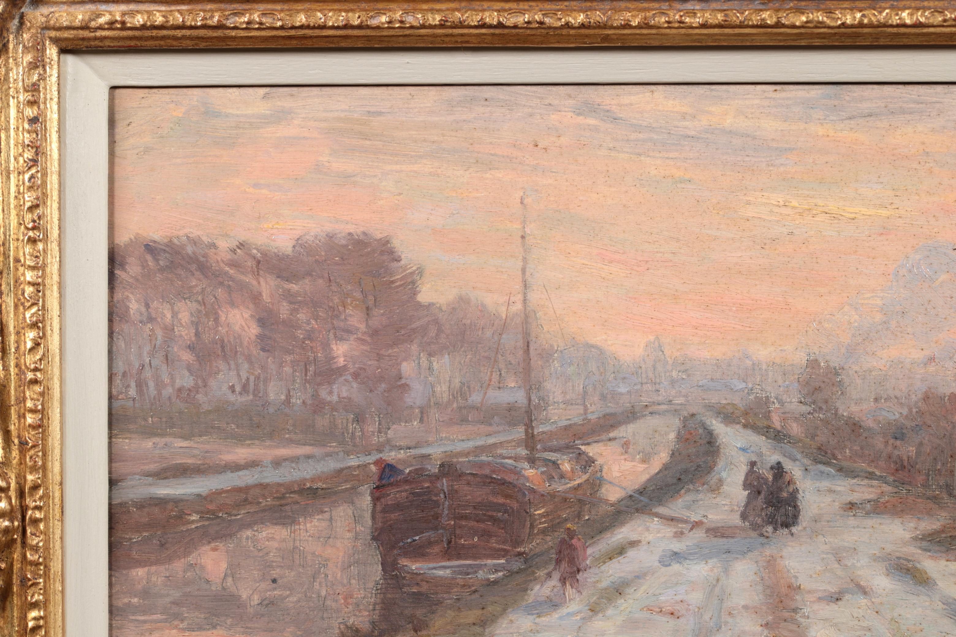 Winter on the Canal - Douai - Impressionist Landscape Oil Painting - Henri Duhem For Sale 2