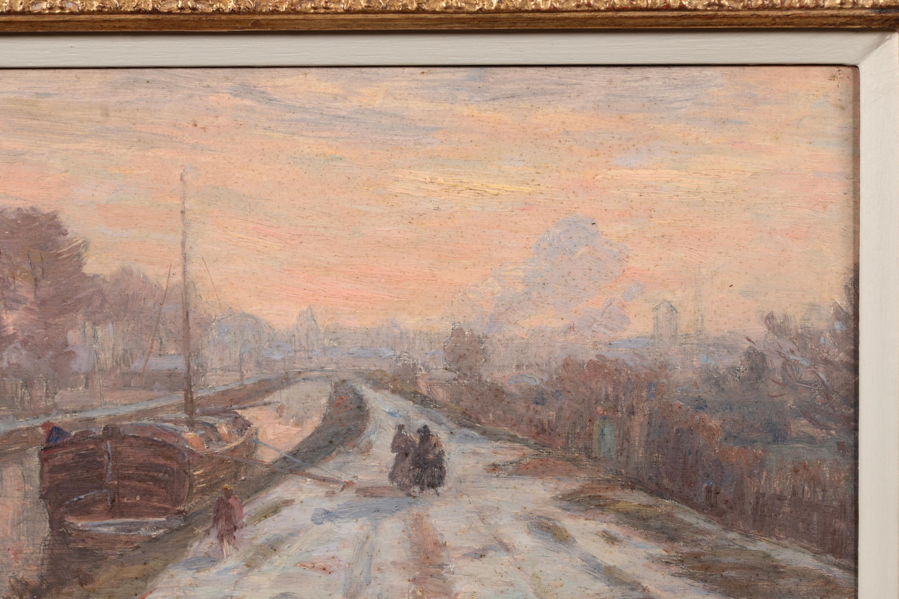 Winter on the Canal - Douai - Impressionist Landscape Oil Painting - Henri Duhem For Sale 3