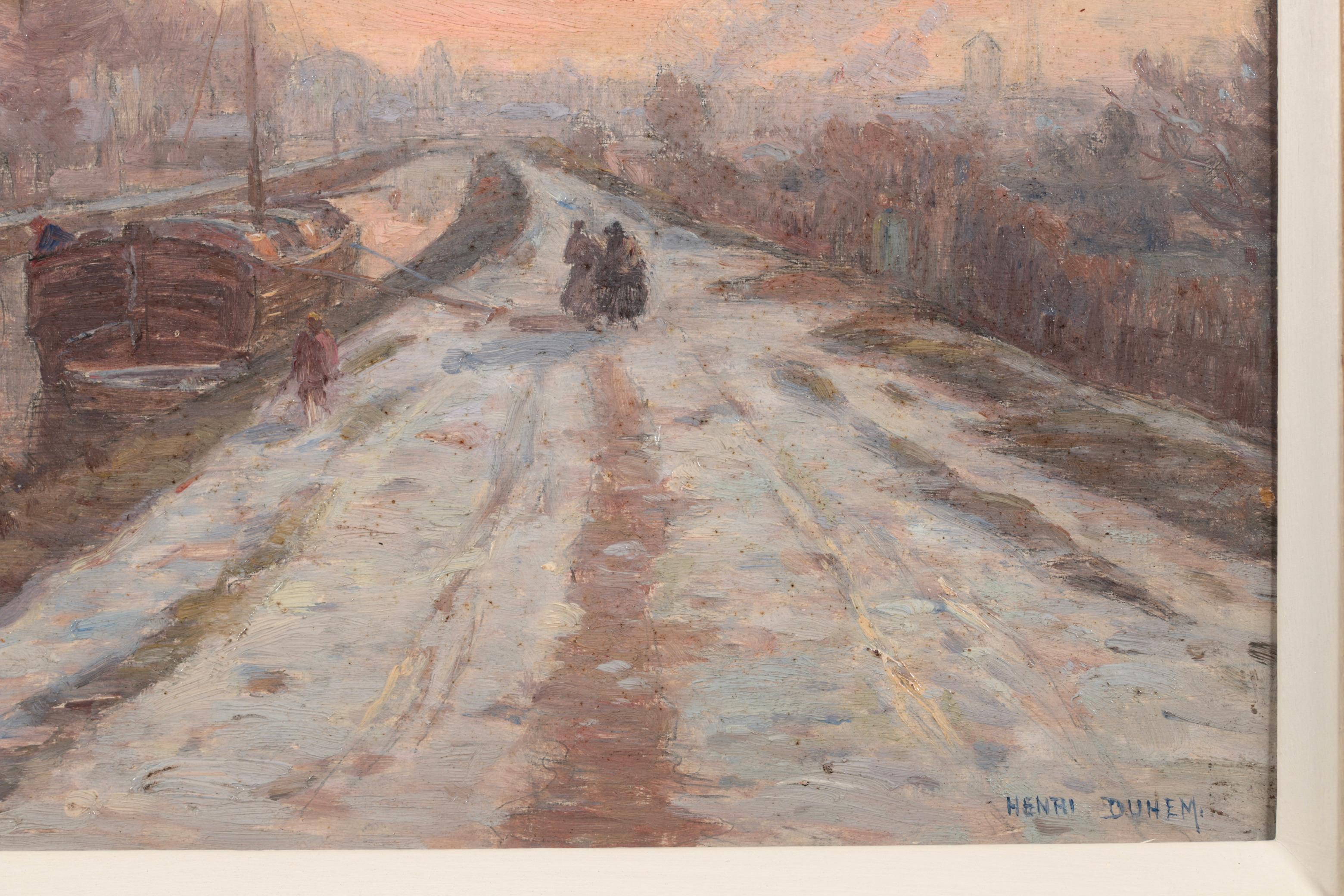 Winter on the Canal - Douai - Impressionist Landscape Oil Painting - Henri Duhem For Sale 4
