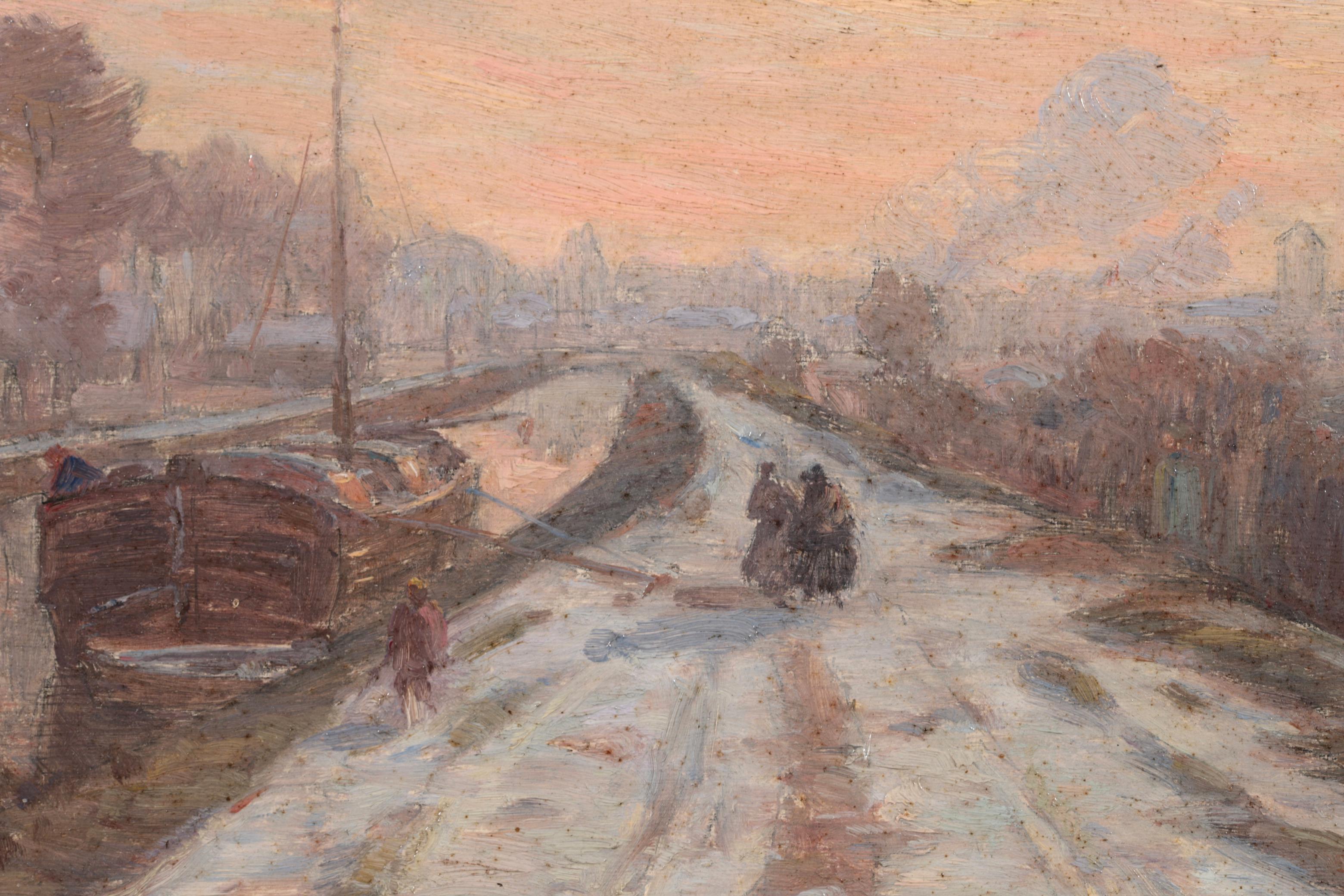 Winter on the Canal - Douai - Impressionist Landscape Oil Painting - Henri Duhem For Sale 6