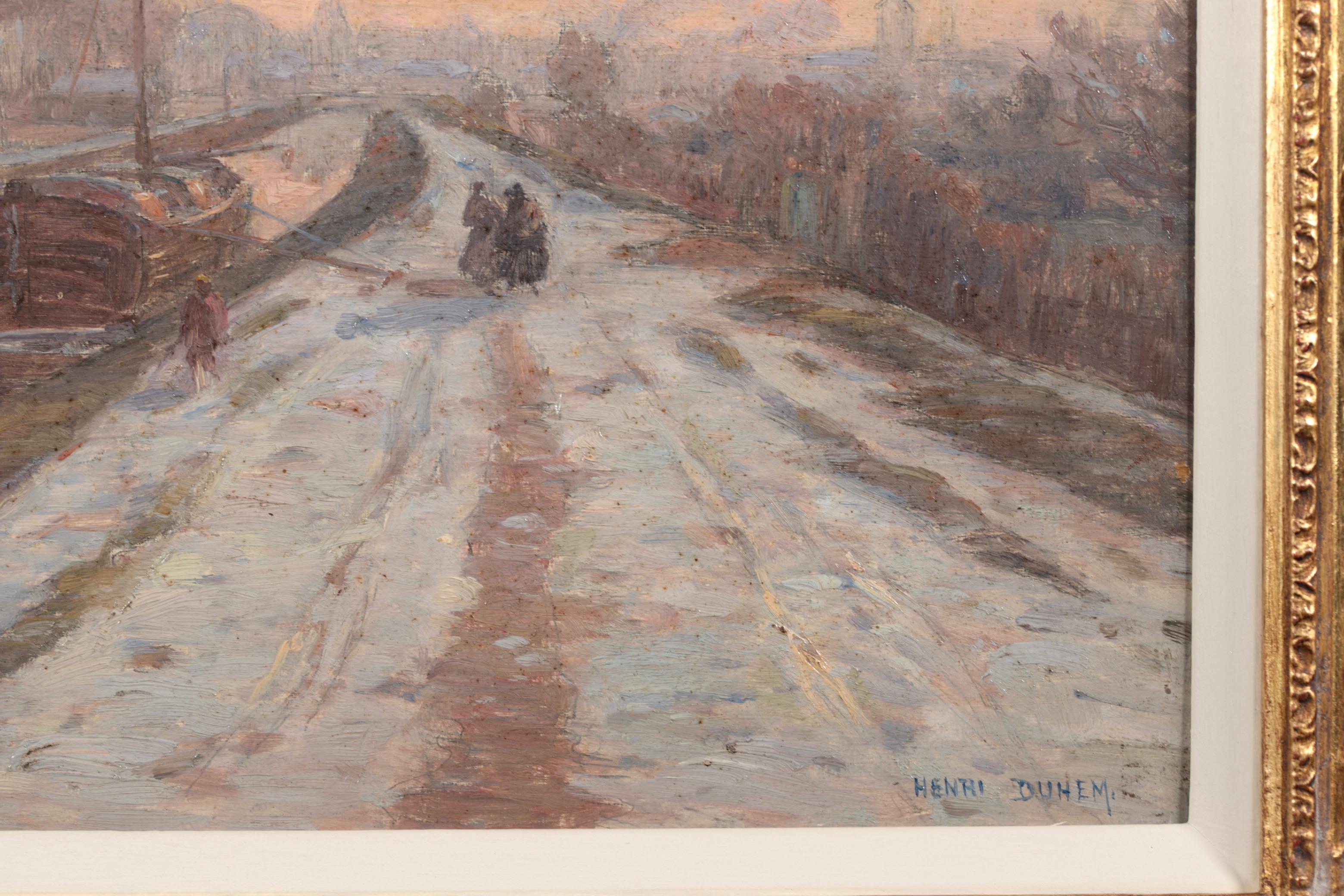 Winter on the Canal - Douai - Impressionist Landscape Oil Painting - Henri Duhem For Sale 8