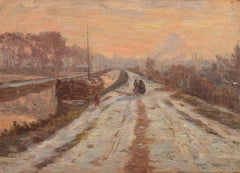 Hiver - Douai - Impressionist Oil, Snowy Winter River Landscape by Henri Duhem
