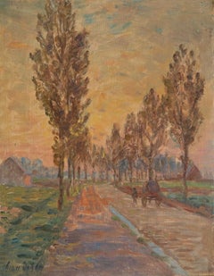 Horse & Cart on a Path – Pferd und Wagen auf einem Weg – 19. Jahrhundert, Öl, Figur in Abendlandschaft – H Duhem