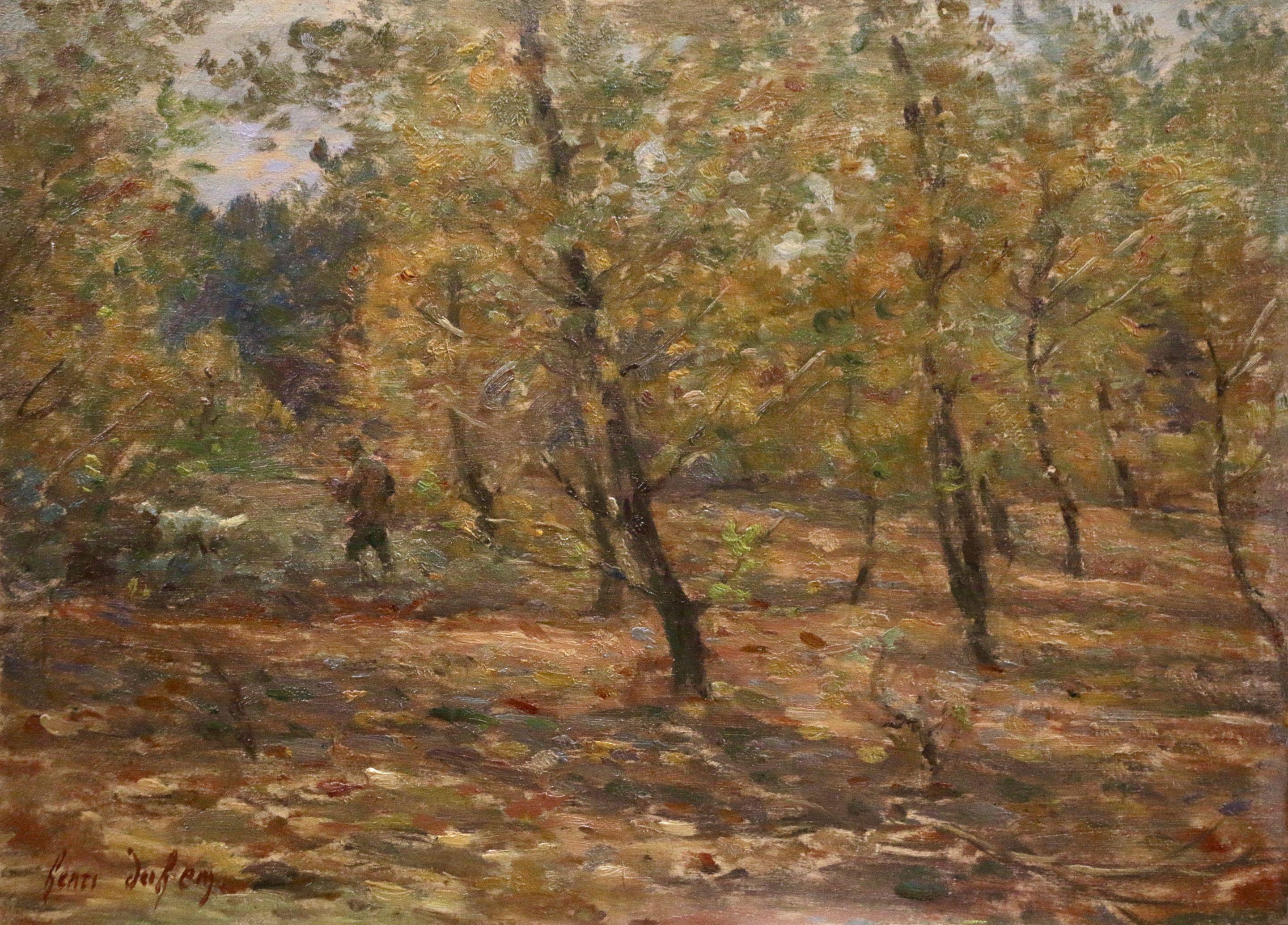 Hunting near Douai - 19th Century Oil, Figure in Woodland Landscape Oil by Duhem