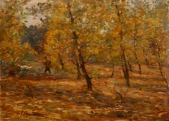 Hunting near Douai - Impressionist Oil, Figure & Dog in Landscape by Henri Duhem