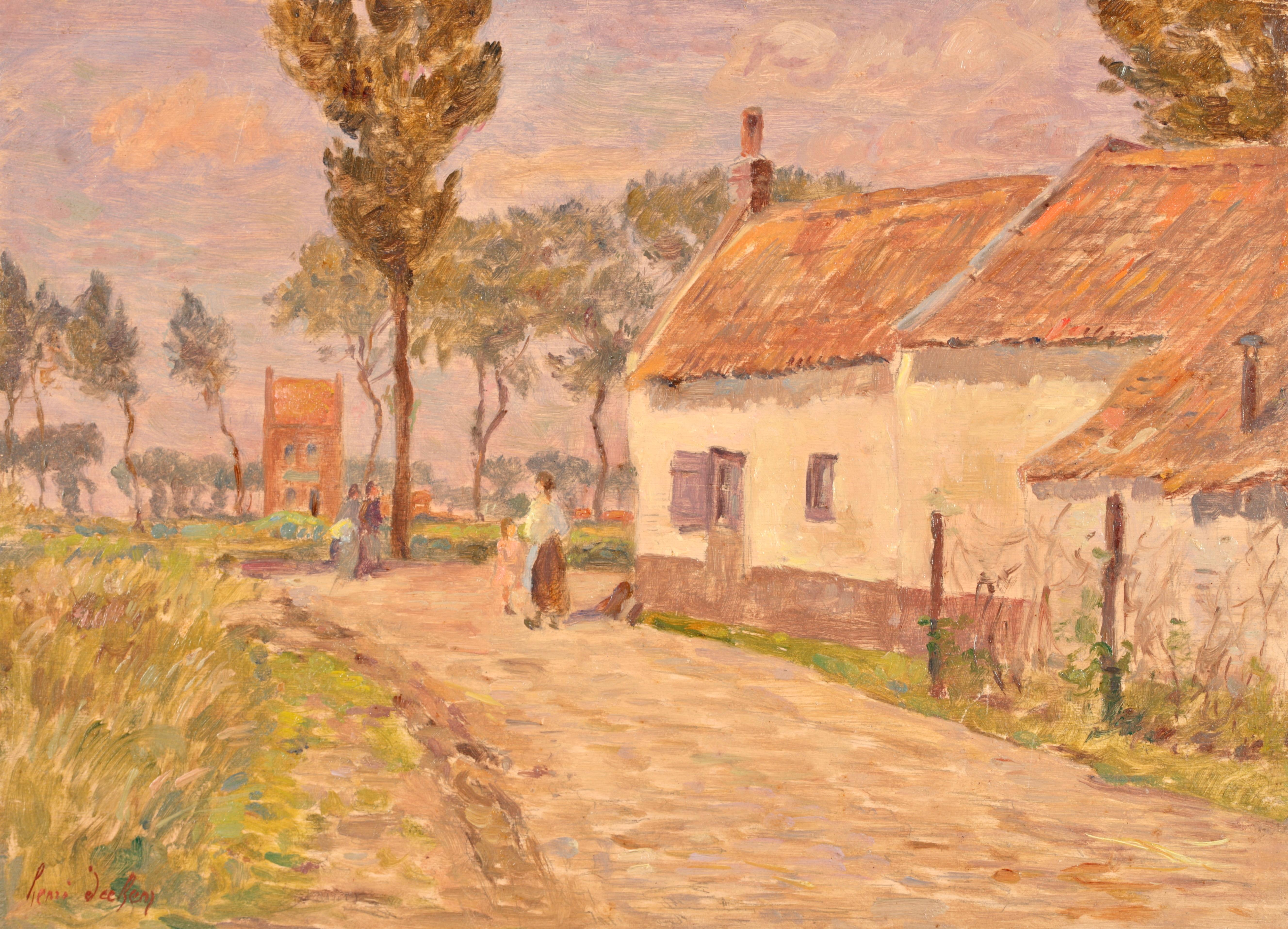 Signed and dated impressionist oil on panel of figures in a landscape by French painter Henri Duhem. This beautiful piece depicts a view of a village on a summer's day. A mother and her daughter who is wearing a pink dress stand on a path beside a