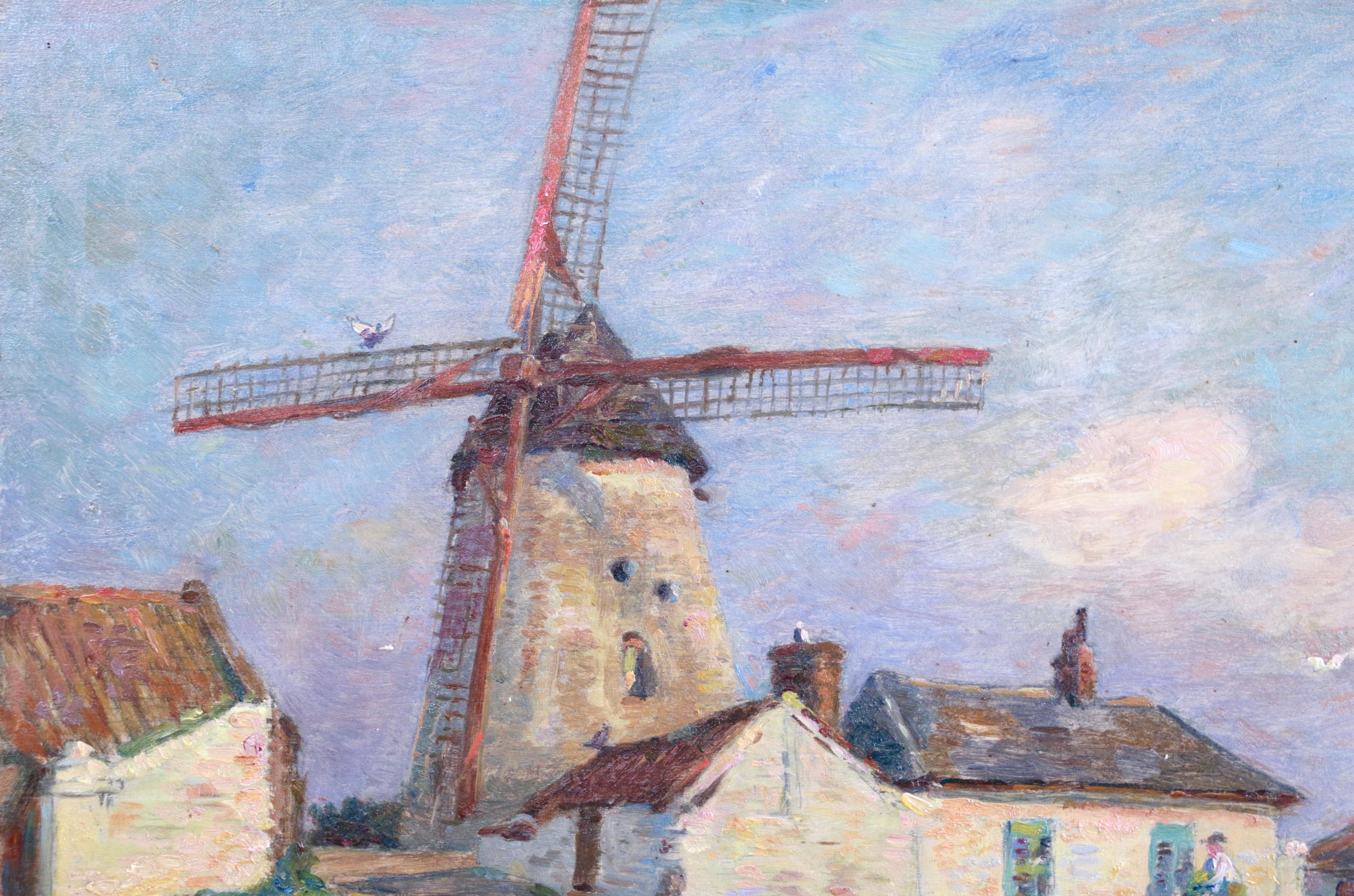 La Ferme au Moulins - 19th Century Oil, Windmill on Farm Landscape by H Duhem (Grau), Figurative Painting, von Henri Duhem