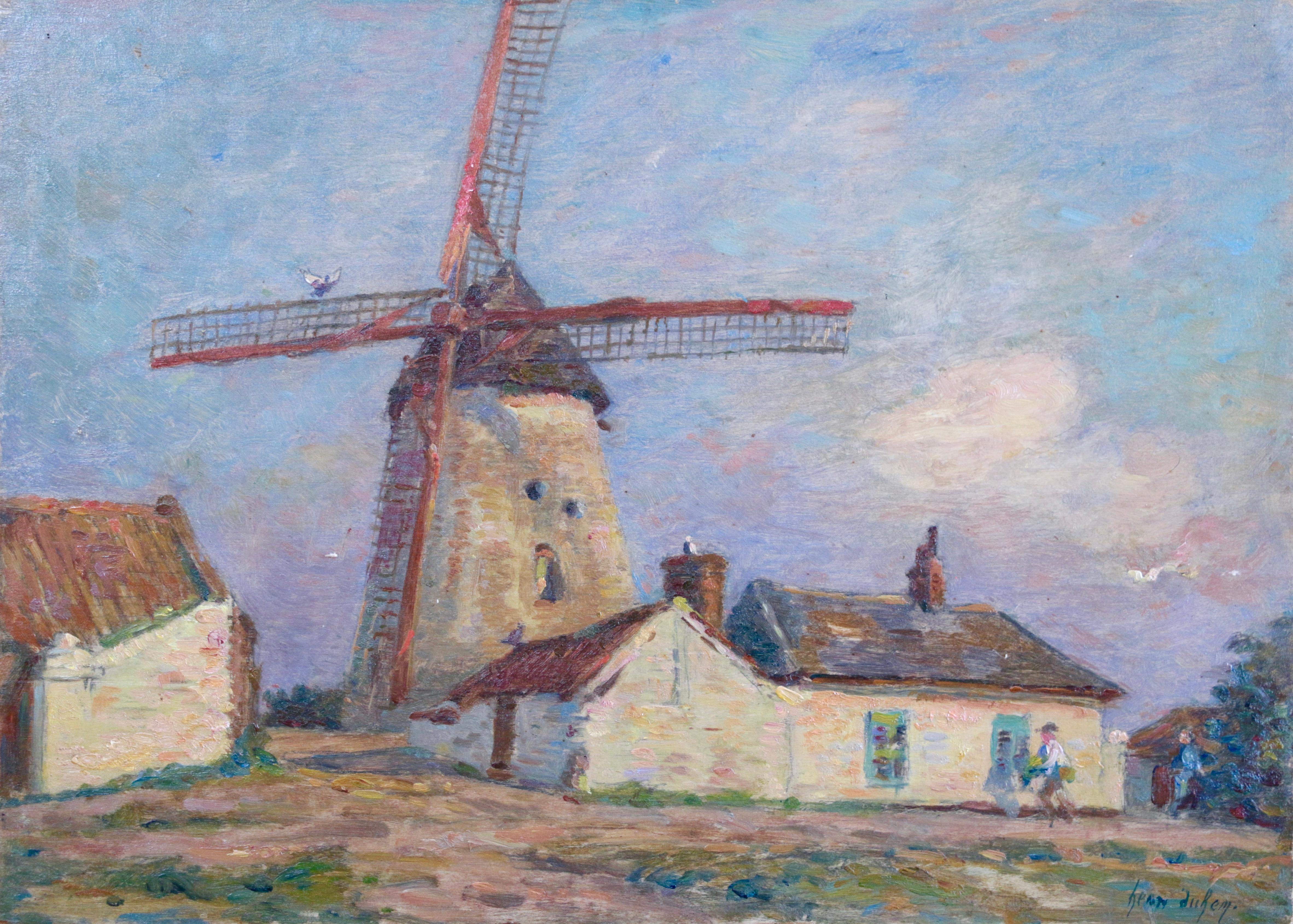 Henri Duhem Figurative Painting – La Ferme au Moulins - 19th Century Oil, Windmill on Farm Landscape by H Duhem