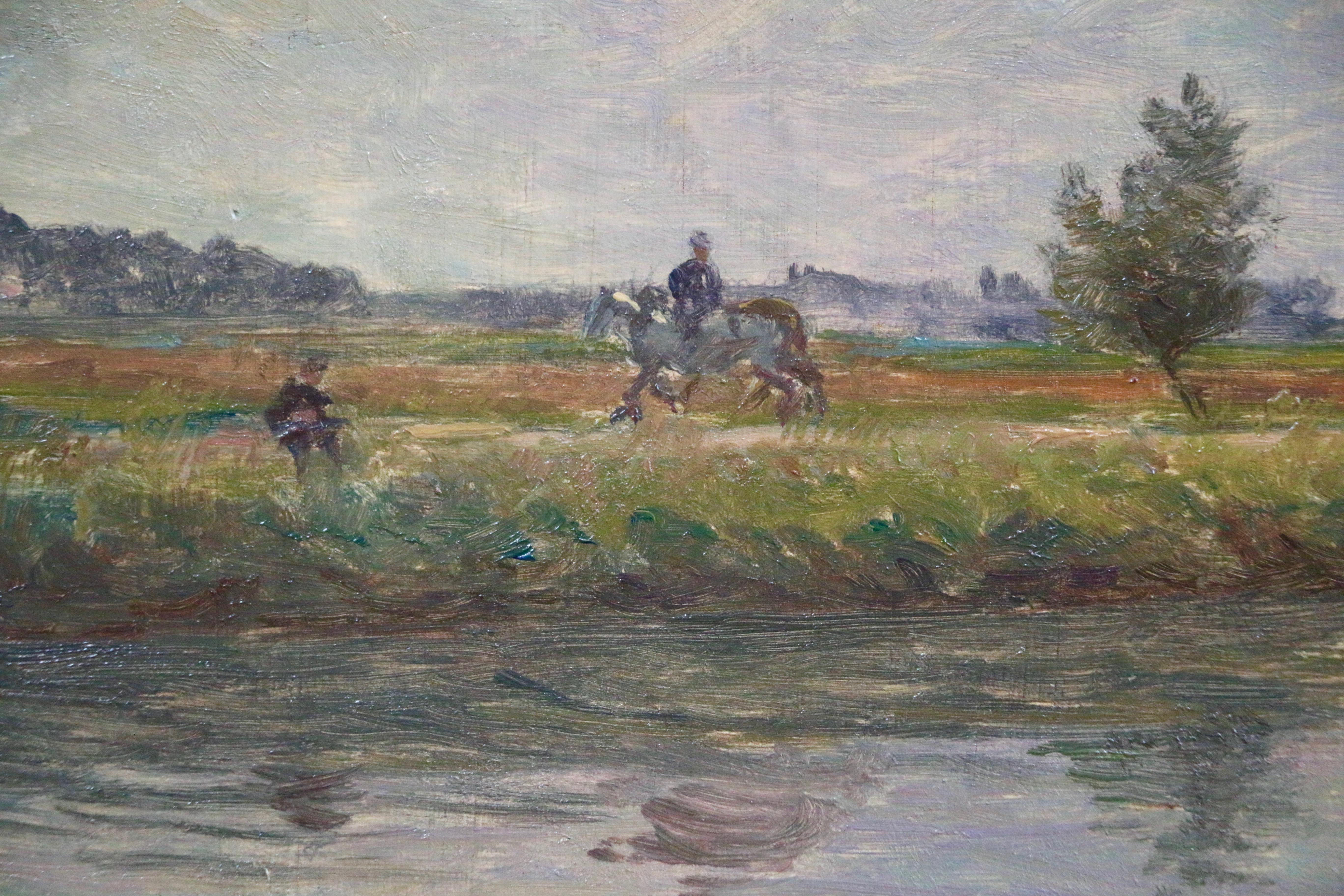 La Rivière - 19th Century Oil, Figures & Boat River in Landscape by Henri Duhem For Sale 1