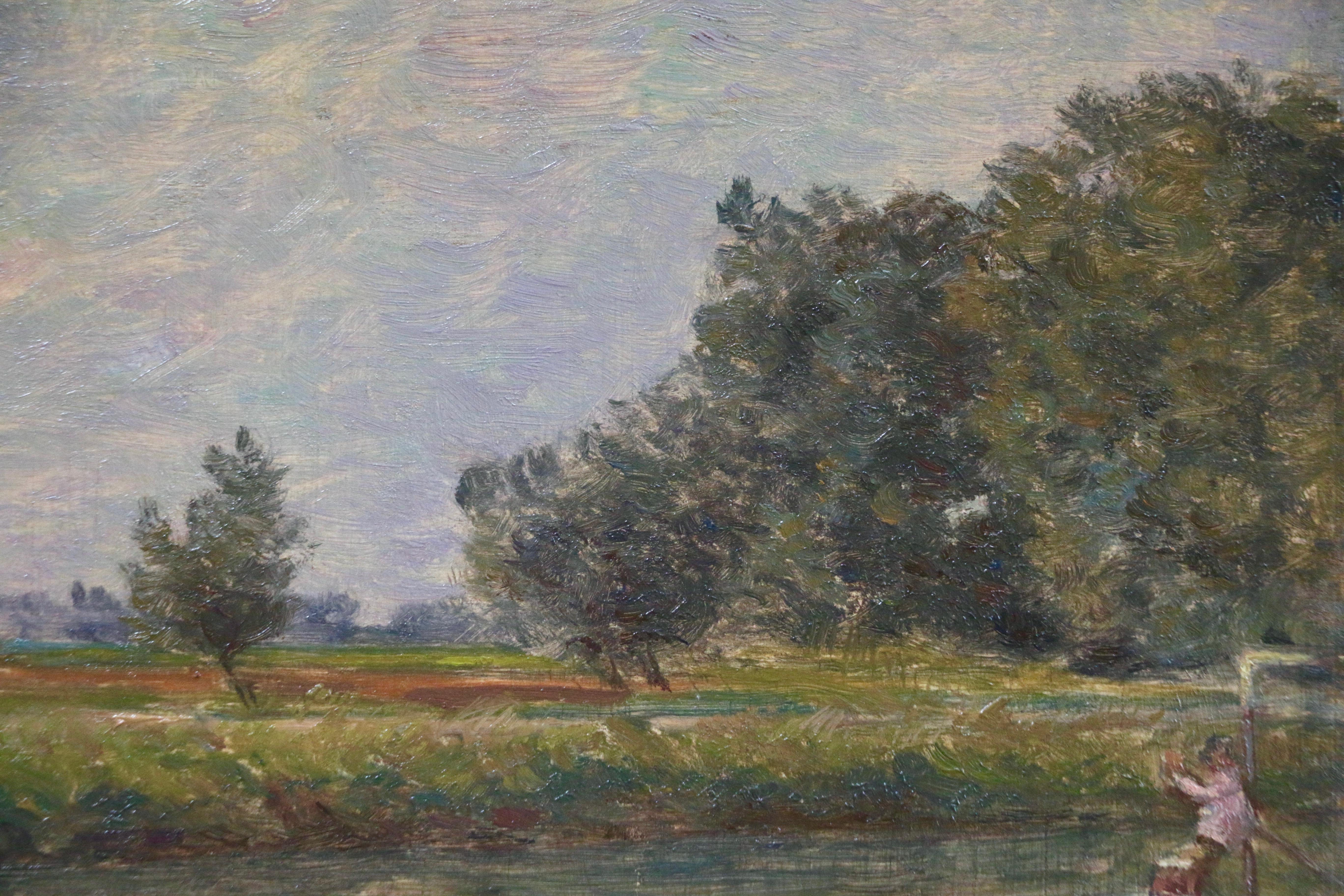 La Rivière - 19th Century Oil, Figures & Boat River in Landscape by Henri Duhem For Sale 3