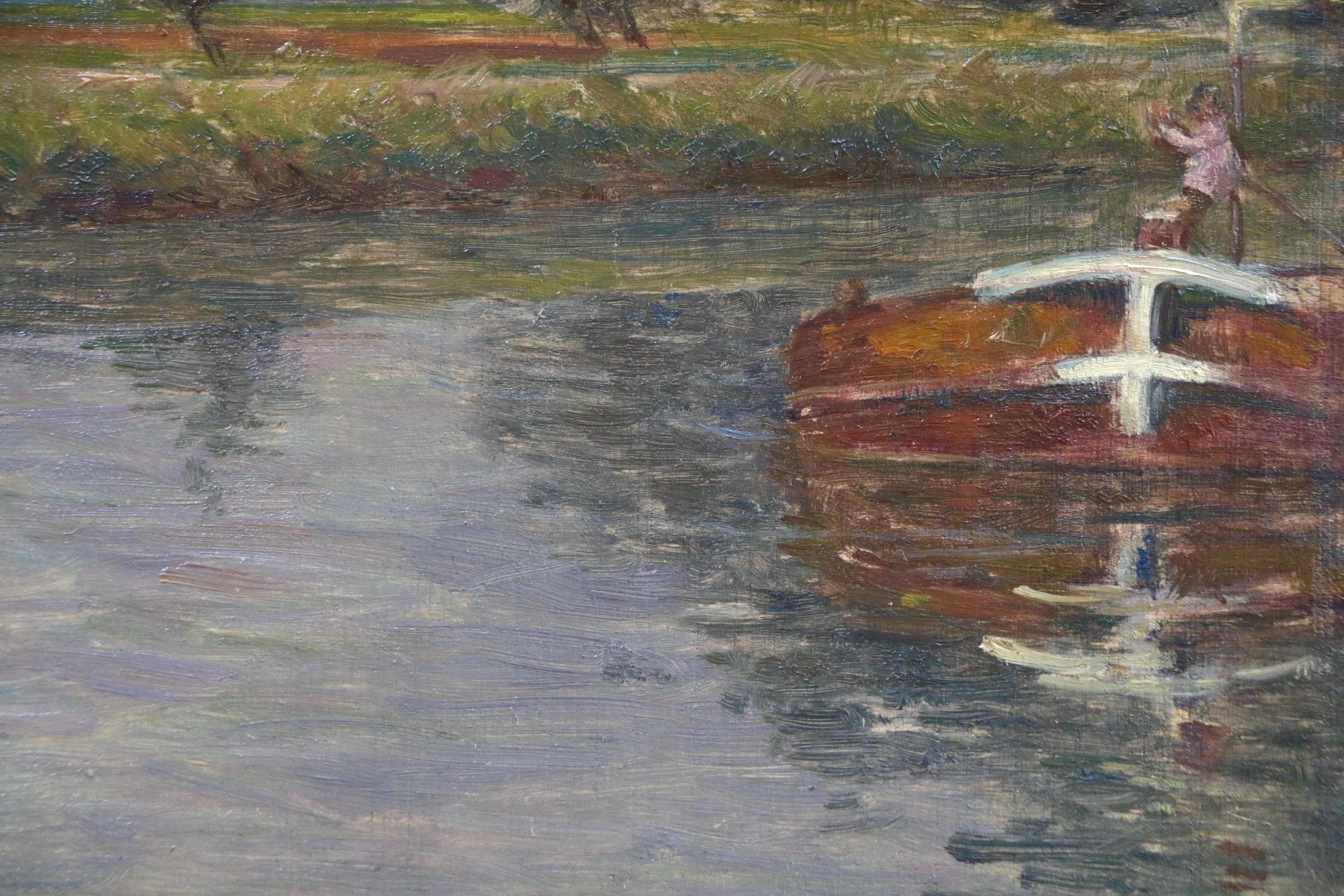 La Rivière - 19th Century Oil, Figures & Boat River in Landscape by Henri Duhem For Sale 4