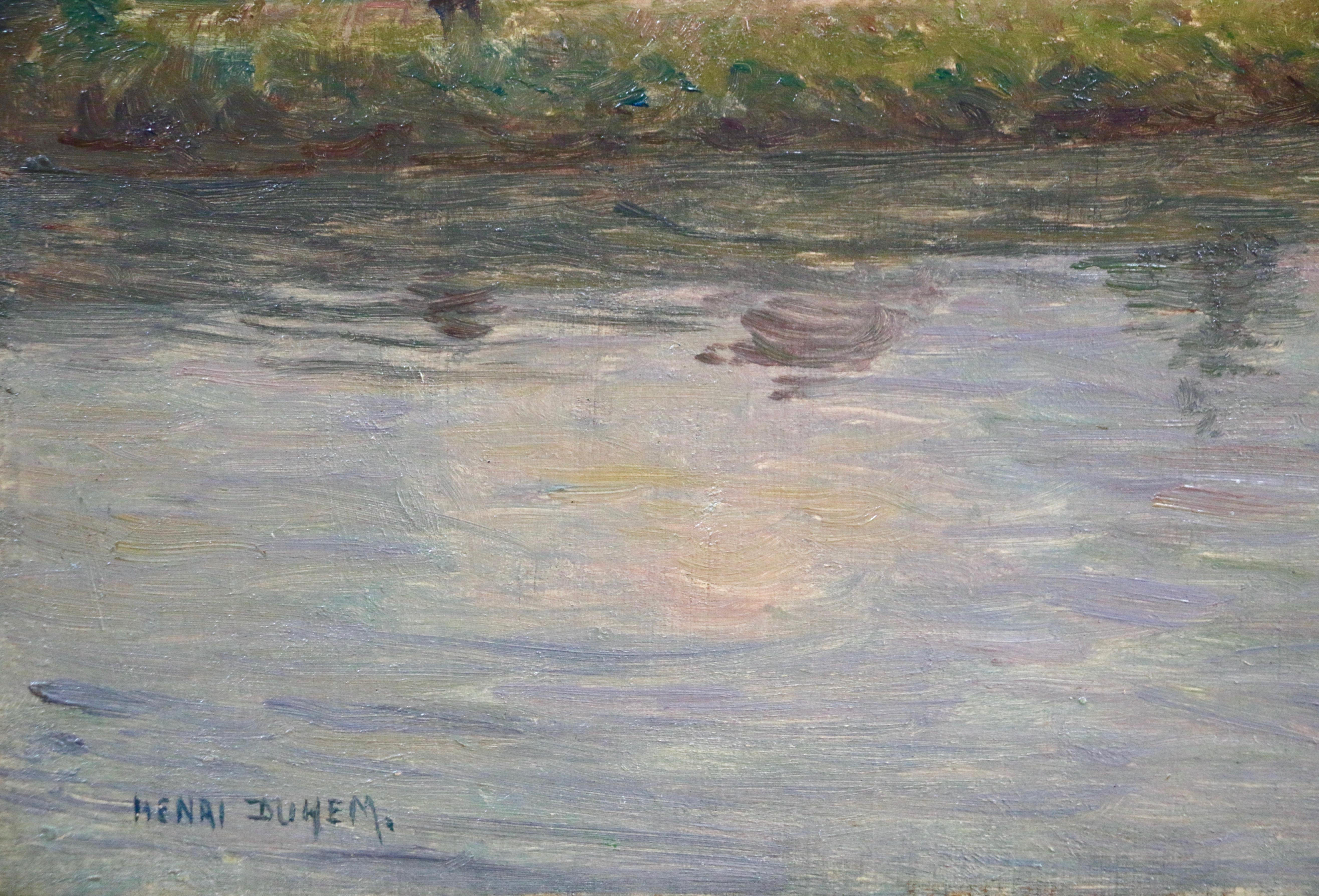 La Rivière - 19th Century Oil, Figures & Boat River in Landscape by Henri Duhem For Sale 5