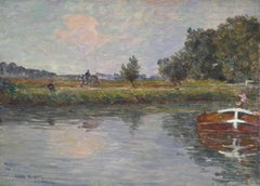 La Rivière - Huile du 19e siècle, personnages et bateau Rivière dans un paysage par Henri Duhem