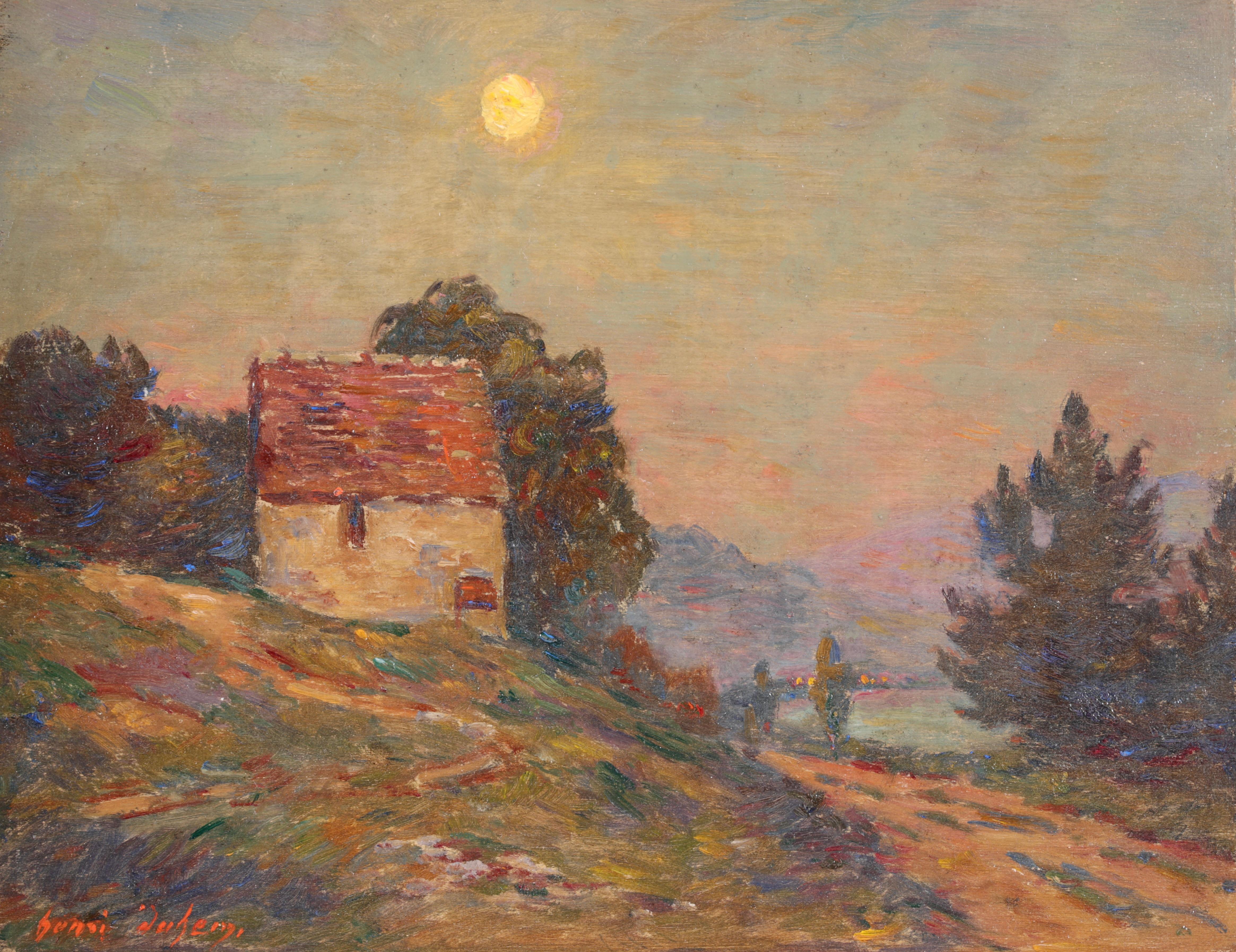 Signed and dated impressionist landscape oil on panel by French painter Henri Duhem. This beautiful piece depicts a view of a cottage beside a path that runs along the bank of Lake Geneva in Switzerland. A full moon illuminates the sky