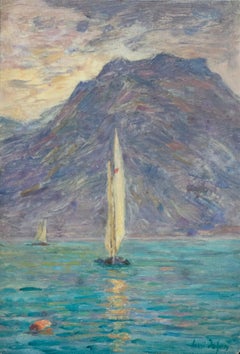 Lac Montreux - 19th Century Oil, Sailing Boat on Lake by Mountains by H Duhem