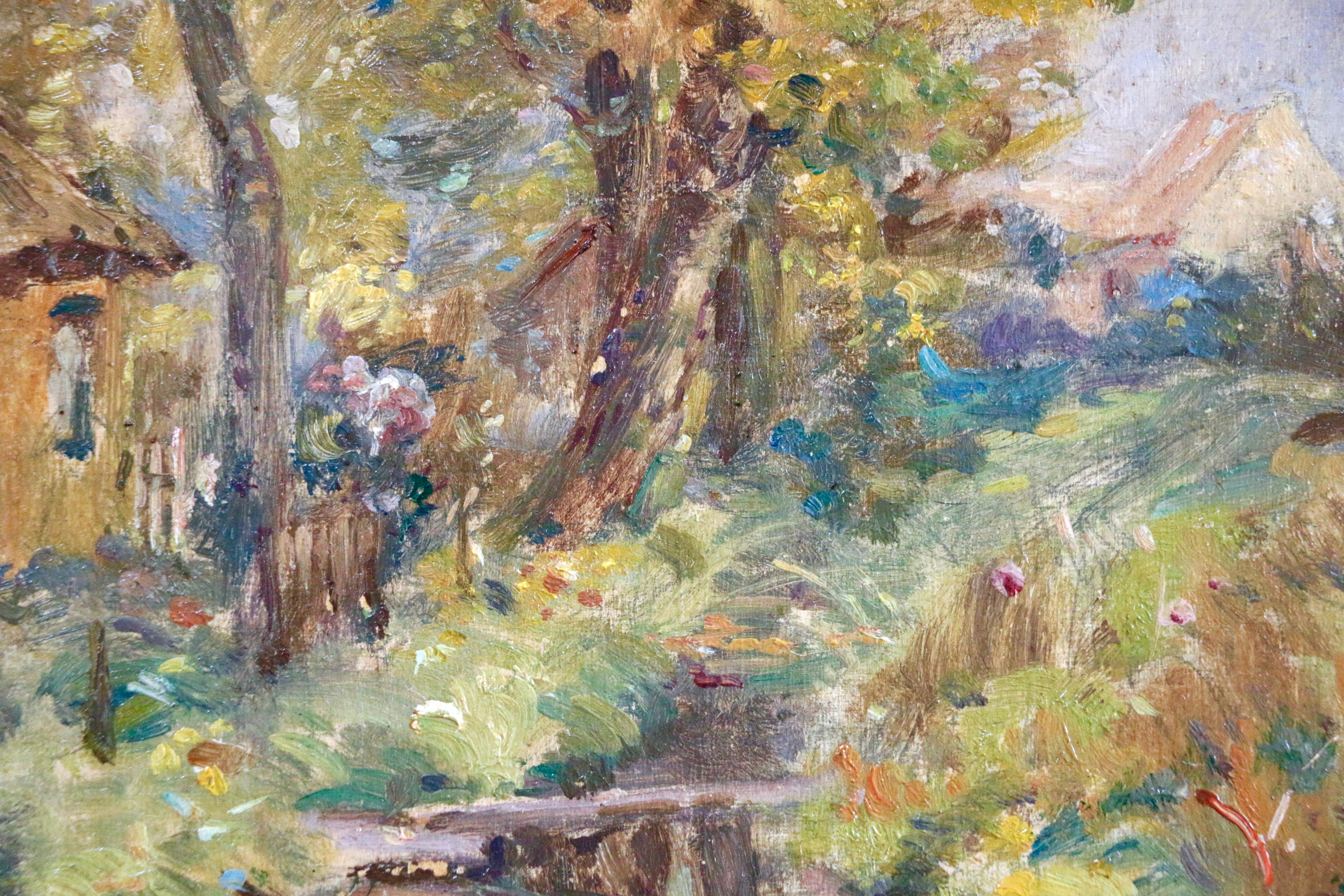 L'automne - 19th Century Oil, Cottage by a Stream Landscape by Henri Duhem 3