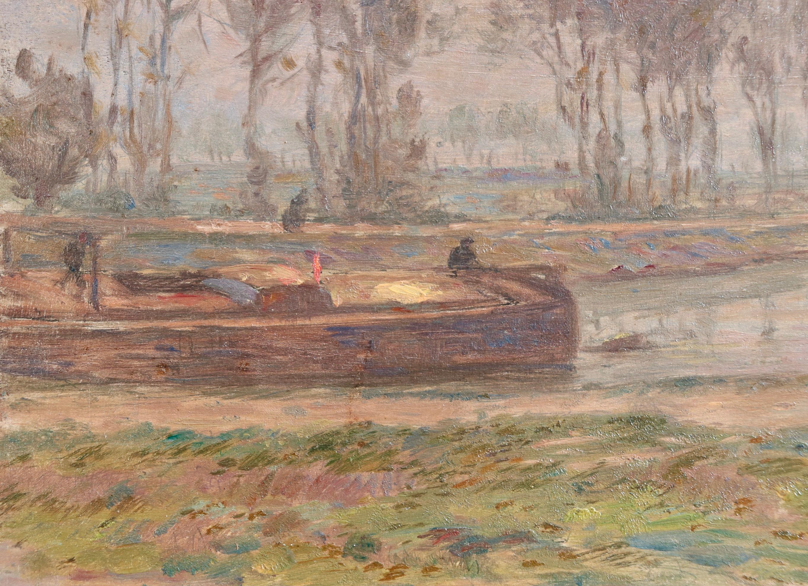 Le Canal - Automne - Huile impressionniste, bateau sur le paysage du canal par H Duhem - Impressionnisme Painting par Henri Duhem