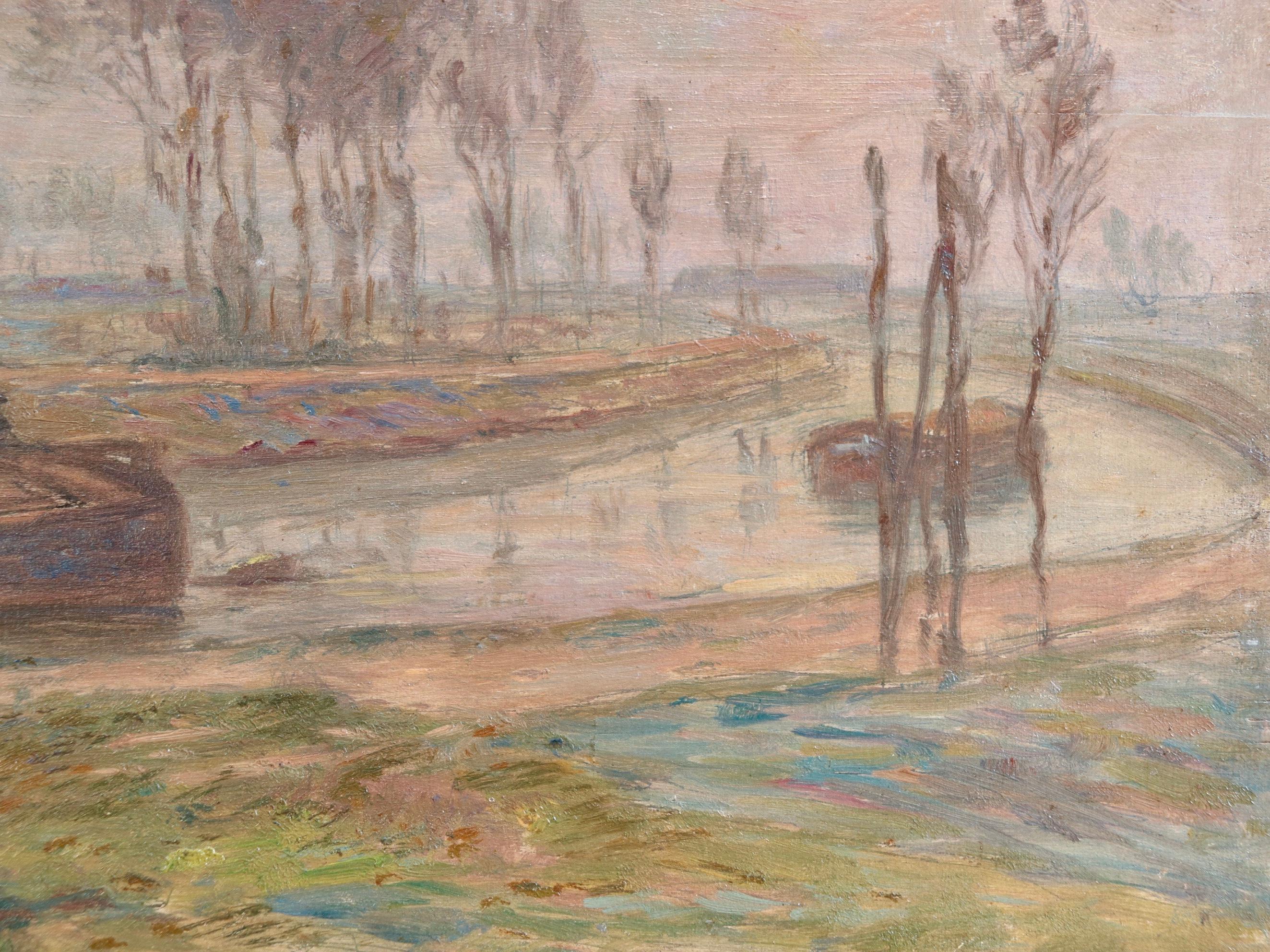 Le Canal - Automne - Olio impressionista, Barca sul canale - Paesaggio di H. Duhem - Figurative Painting Marrone di Henri Duhem