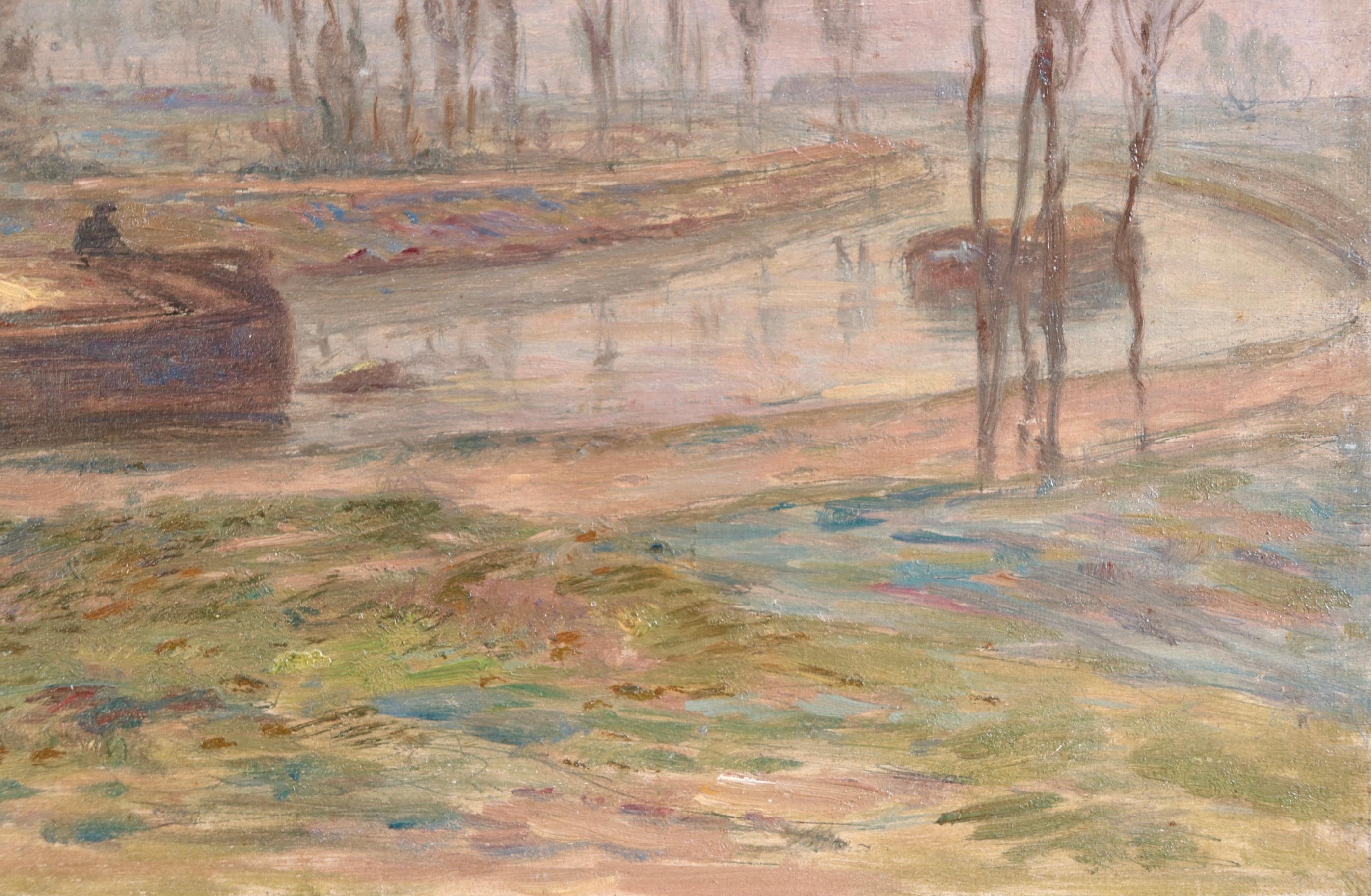 Une belle huile sur panneau du peintre impressionniste français Henri Duhem représentant deux hommes naviguant sur une péniche le long du canal par une fraîche journée d'automne. Signé en bas à gauche et daté de 1907 au verso. Cette peinture n'est
