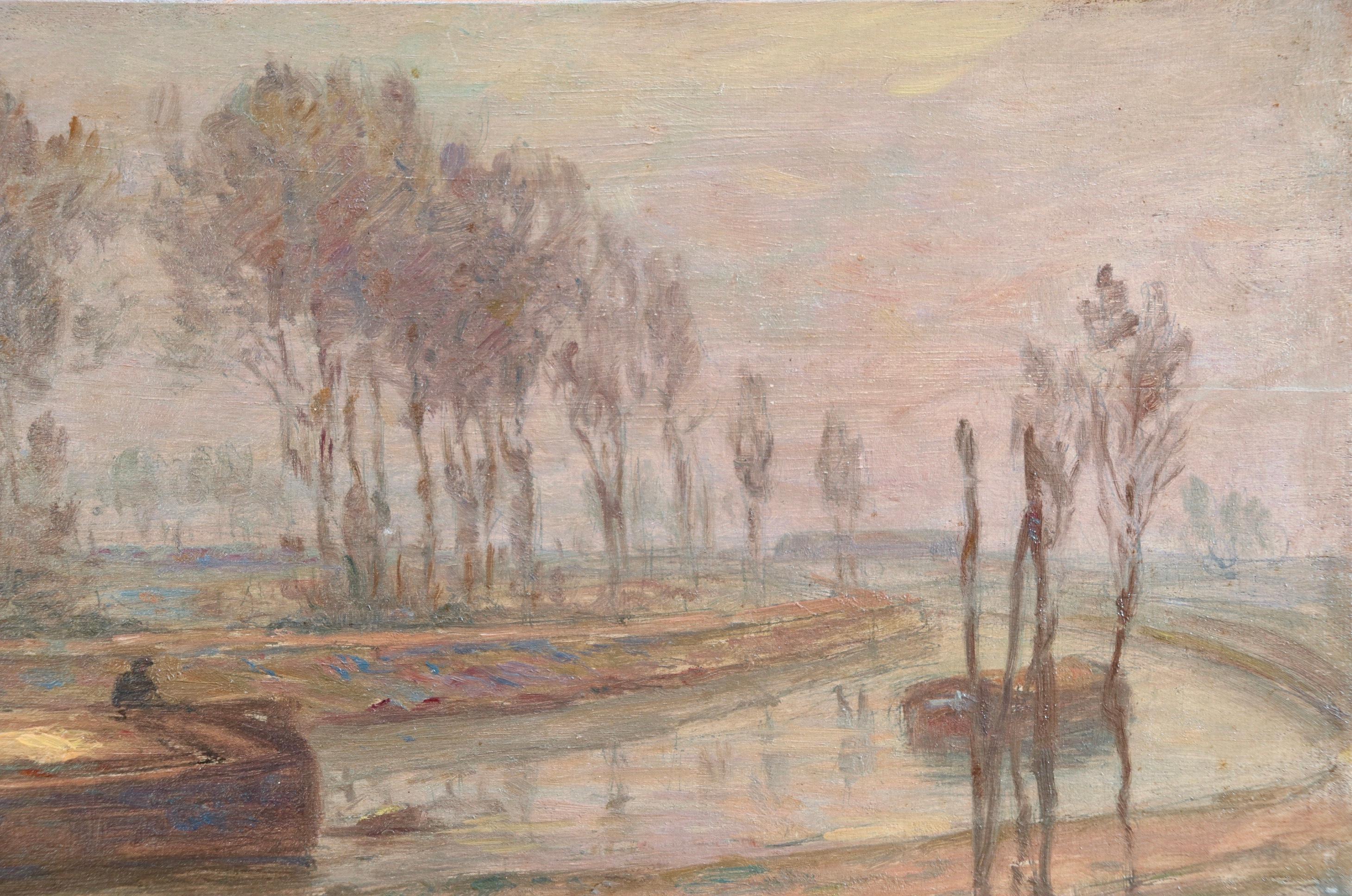 Le Canal - Automne - Huile impressionniste, bateau sur le paysage du canal par H Duhem en vente 1