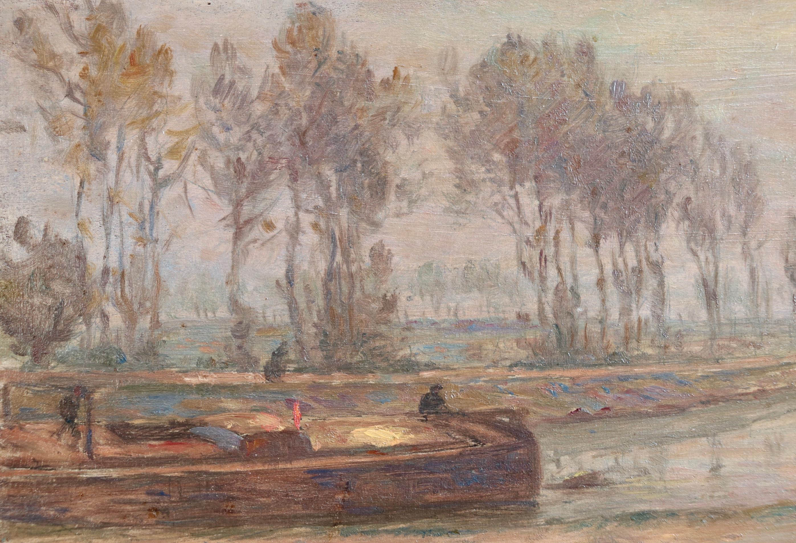 Le Canal - Automne - Impressionist Oil, Boat on the Canal Landscape by H Duhem For Sale 2