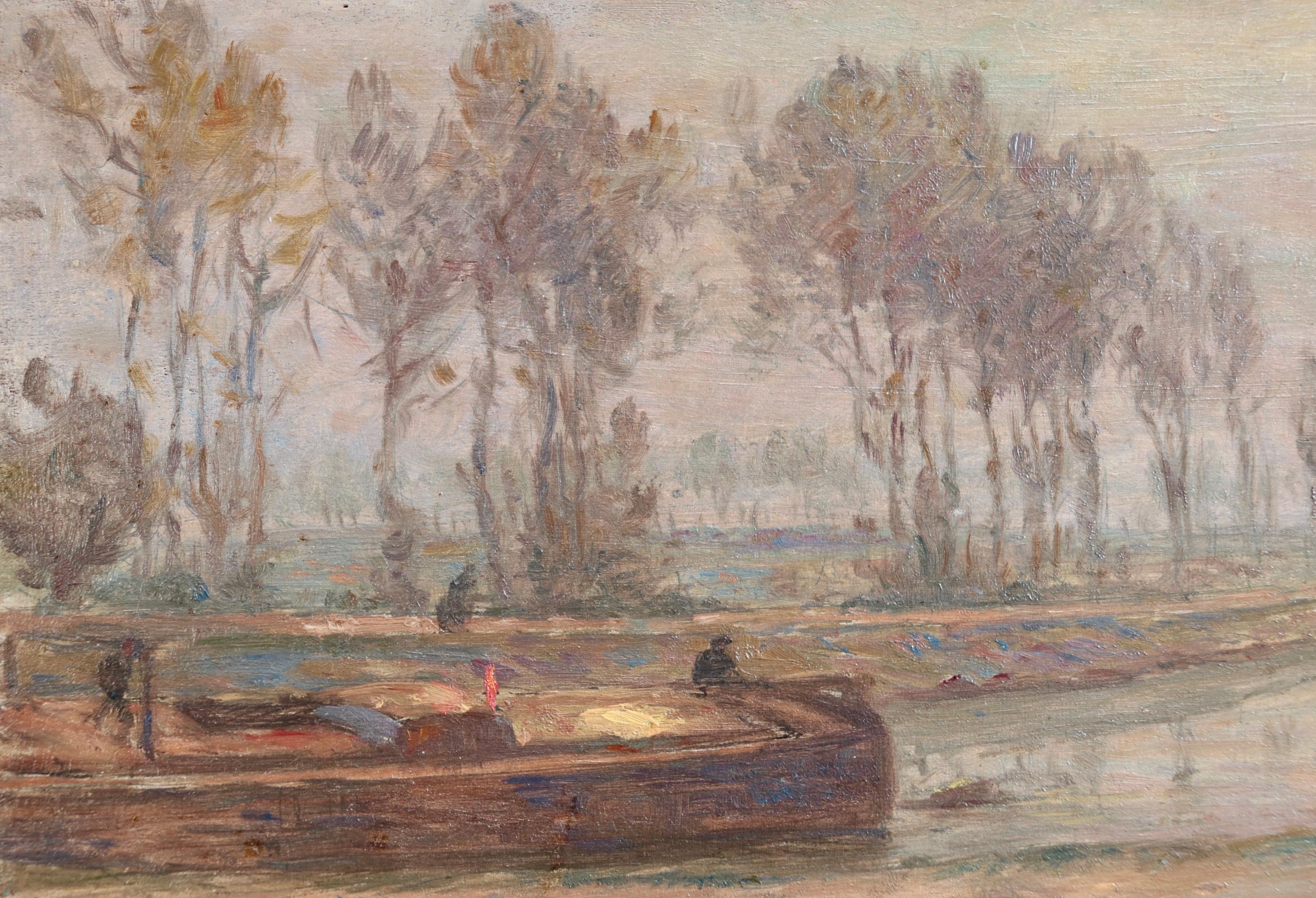 Le Canal - Automne - Olio impressionista, Barca sul canale - Paesaggio di H. Duhem 2