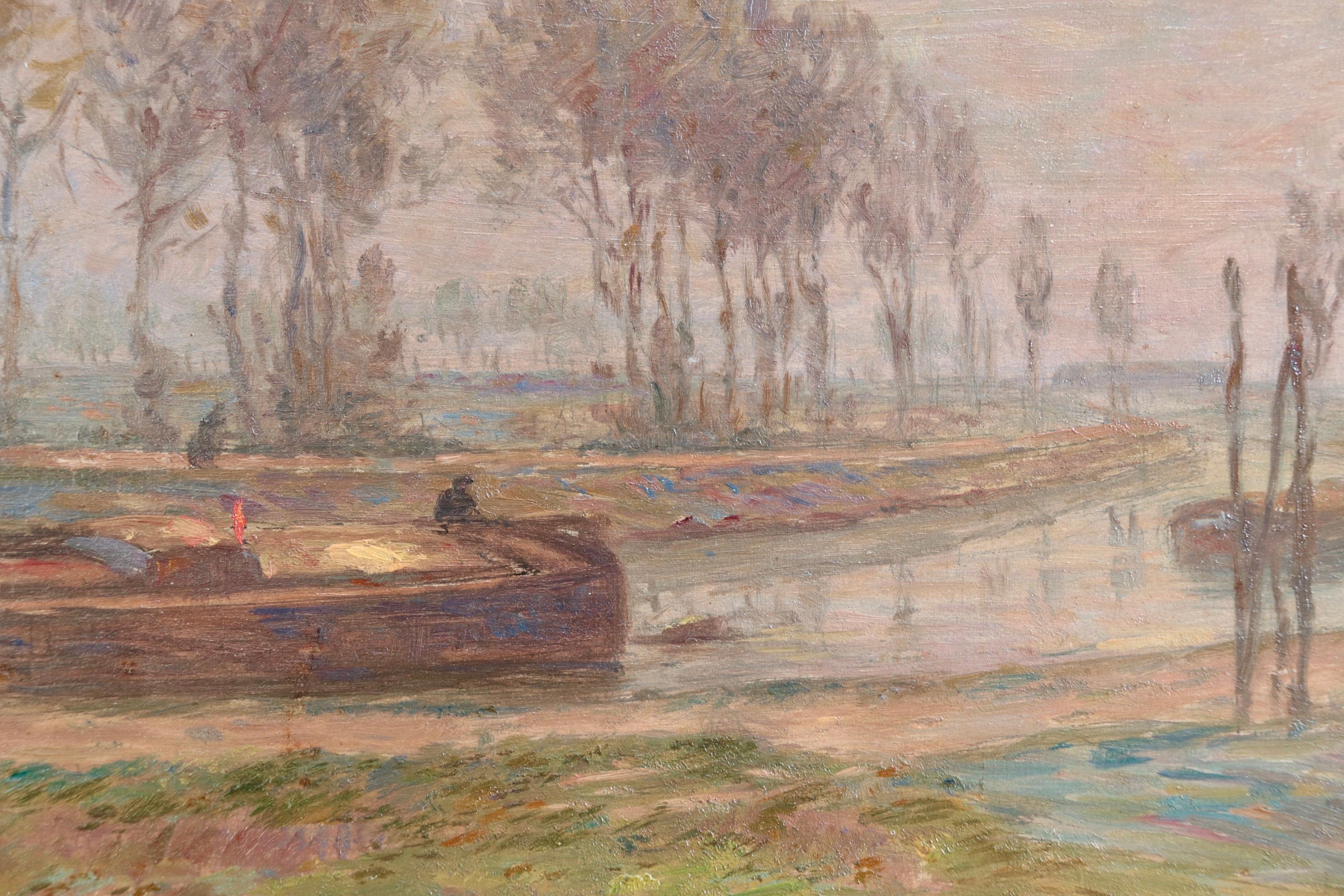 Le Canal - Automne - Huile impressionniste, bateau sur le paysage du canal par H Duhem en vente 3